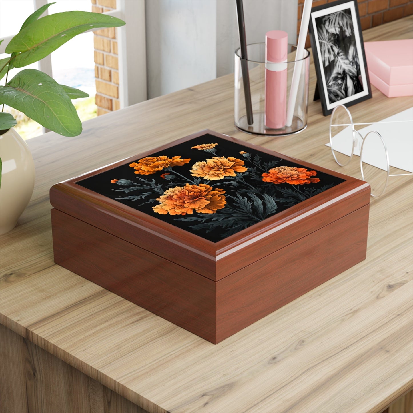 October Marigold Birth Month Flower Jewelry Keepsake Box - Jewelry Travel Case,Bridesmaid Proposal Gift,Bridal Party Gift,Jewelry Cas