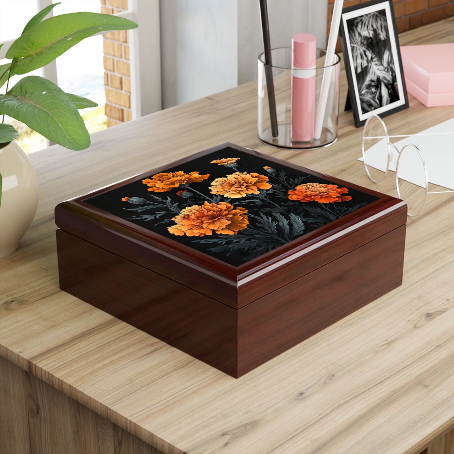 October Marigold Birth Month Flower Jewelry Keepsake Box - Jewelry Travel Case,Bridesmaid Proposal Gift,Bridal Party Gift,Jewelry Cas