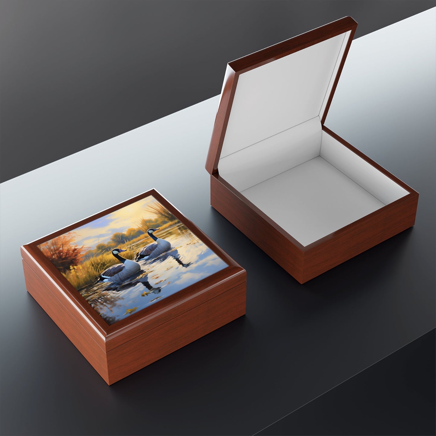 Pair of Canadian Geese on a Pond Jewelry Keepsake Trinkets Box