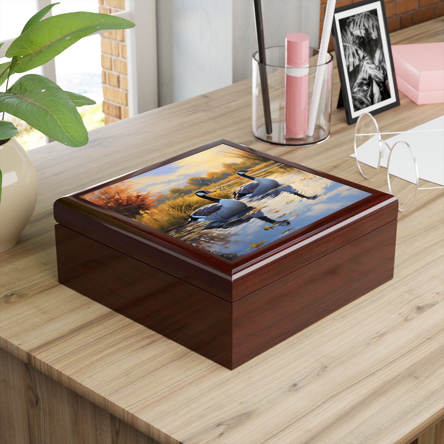 Pair of Canadian Geese on a Pond Jewelry Keepsake Trinkets Box
