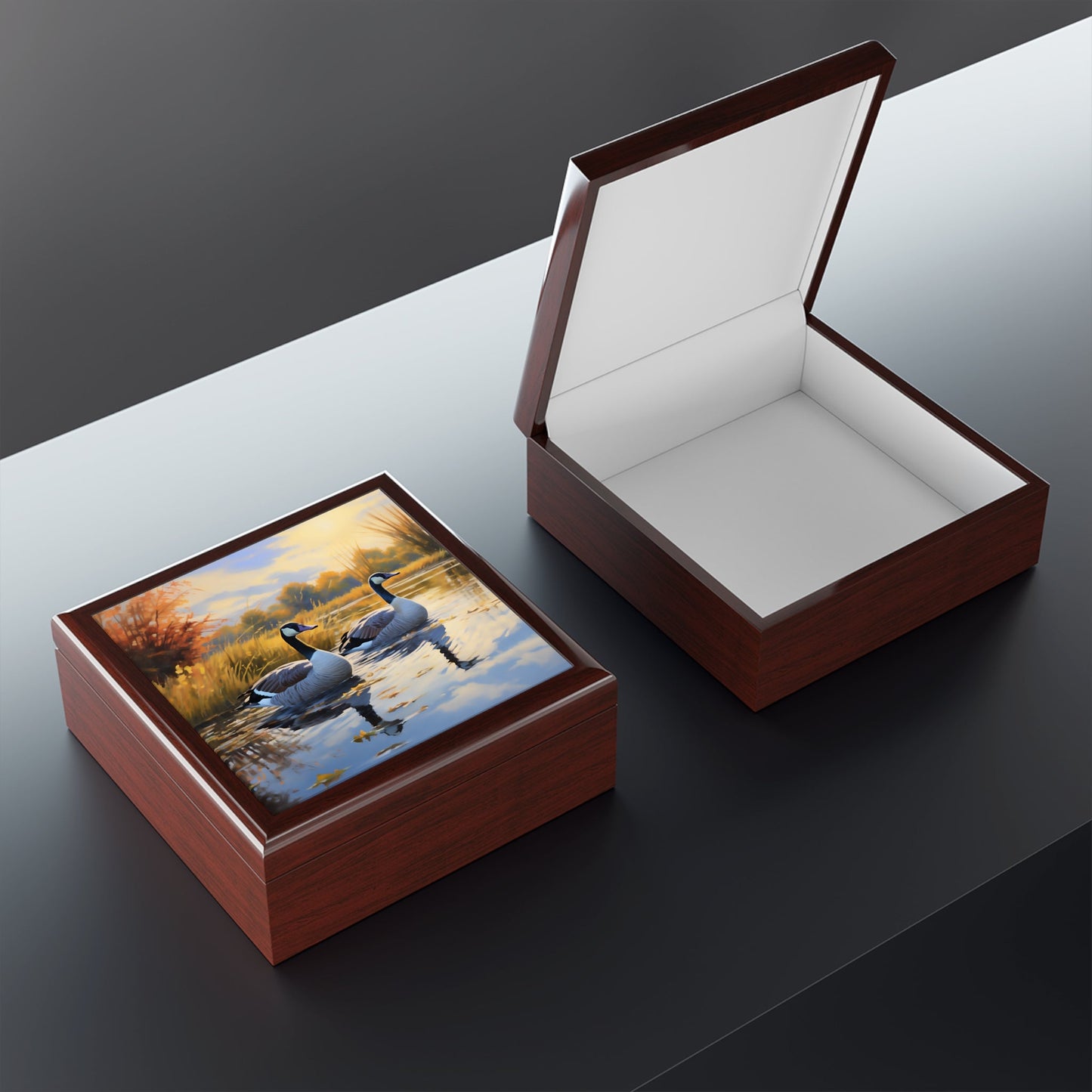 Pair of Canadian Geese on a Pond Jewelry Keepsake Trinkets Box
