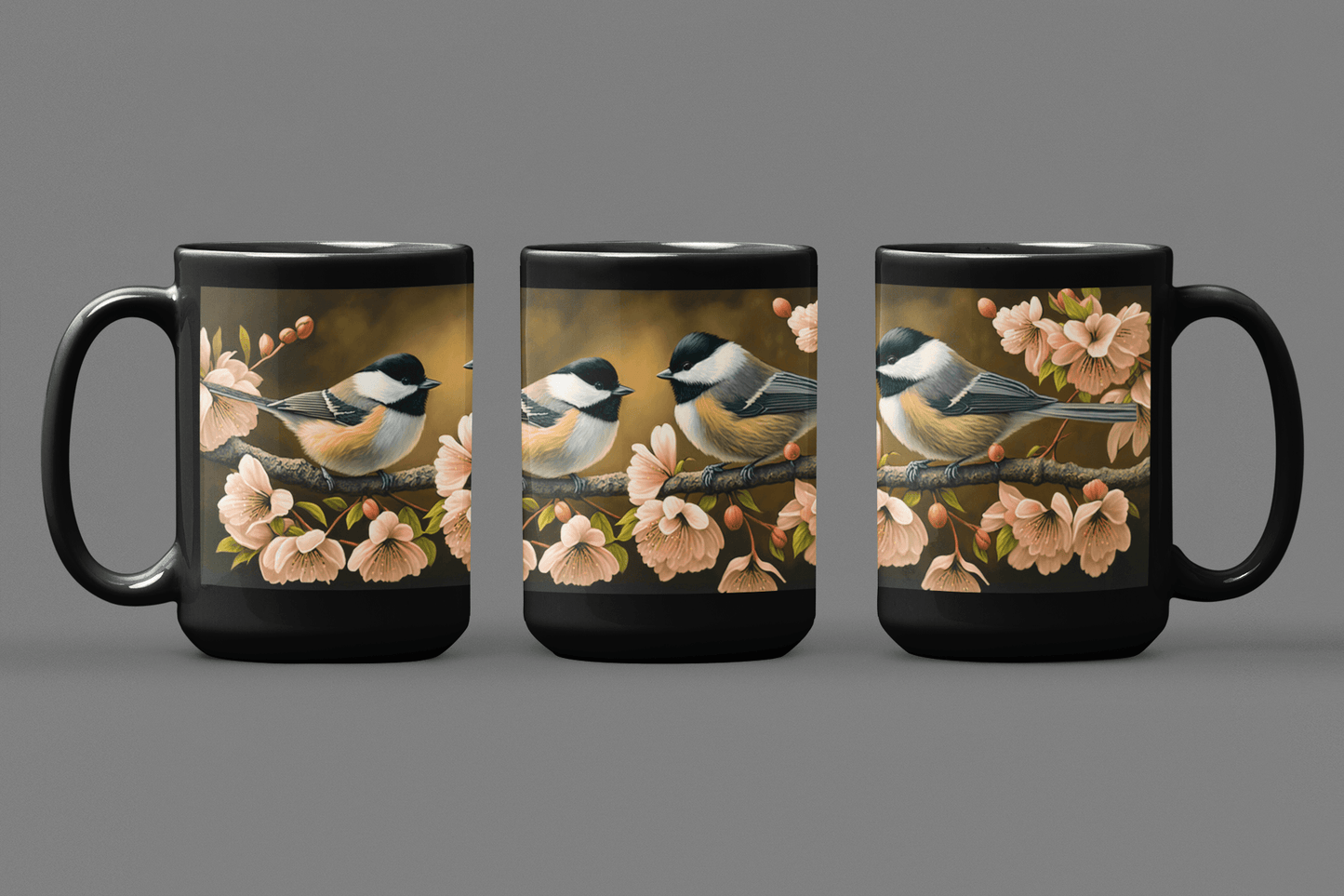 Pair of Chickadees on a Flowering Crabapple Tree - 15 oz Coffee Mug