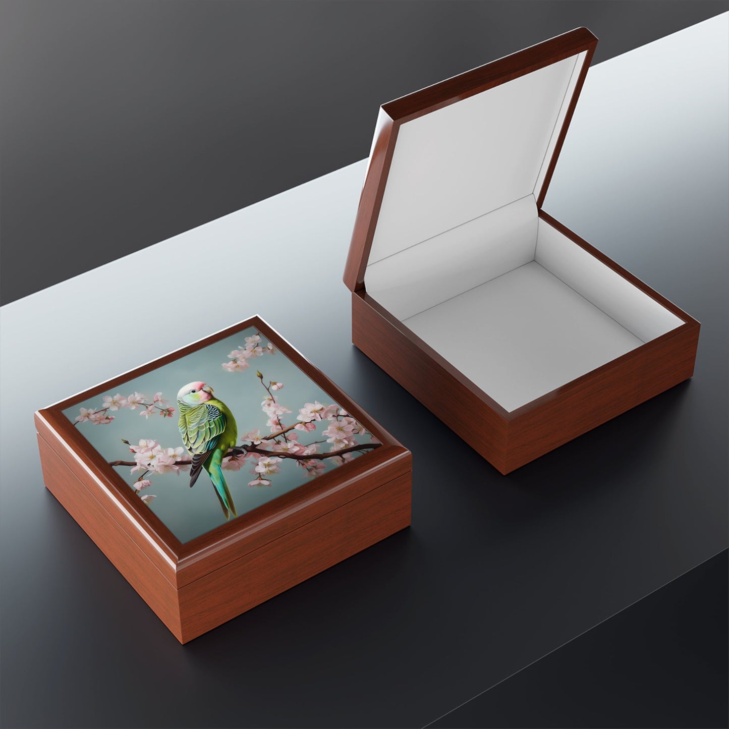 Parakeet "Budgie" in a Flowering Cherry Tree Gift, Trinket and Jewelry Box