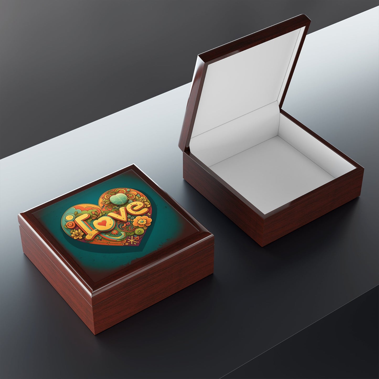 Peace and Love Wood Keepsake Jewelry Box with Ceramic Tile Cover