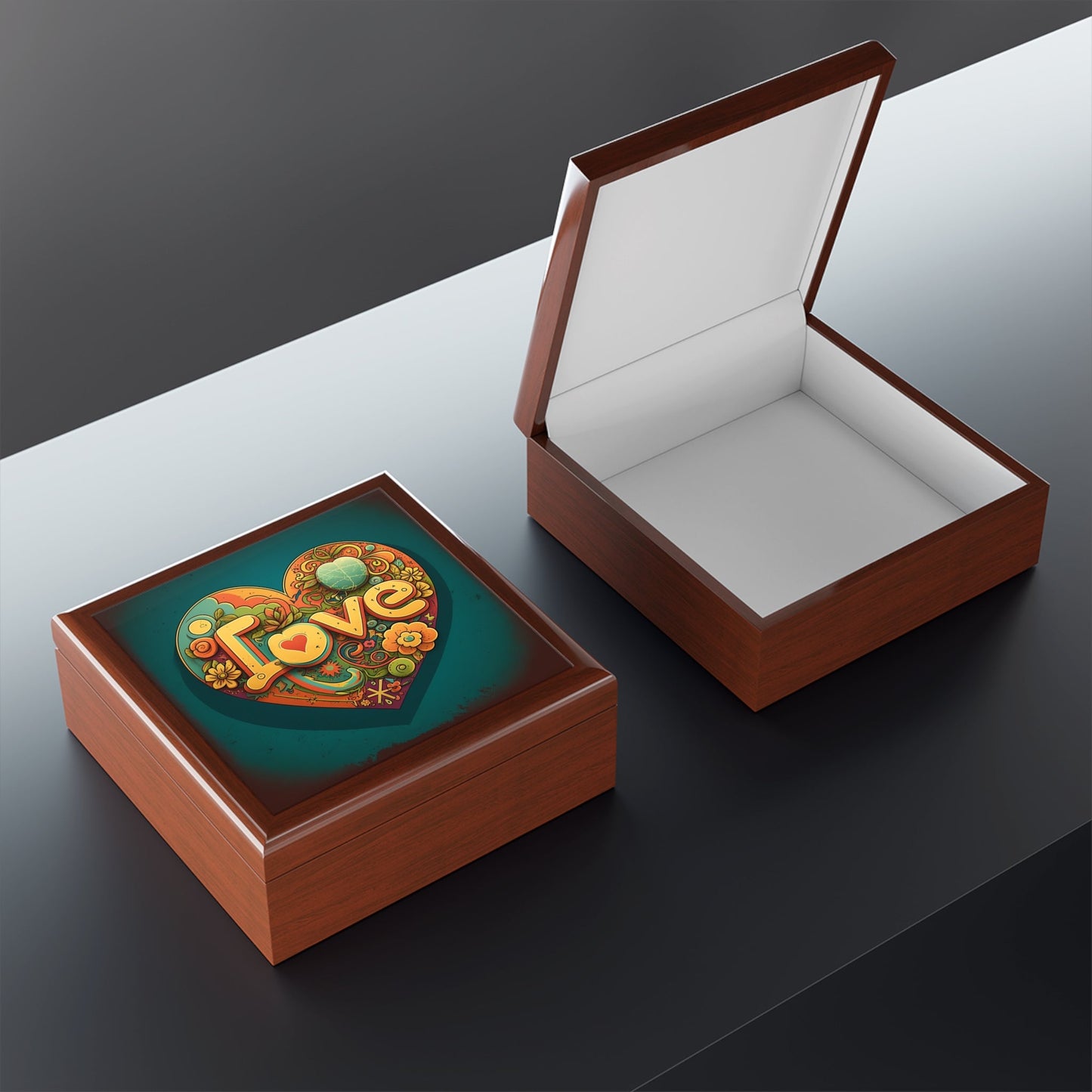 Peace and Love Wood Keepsake Jewelry Box with Ceramic Tile Cover