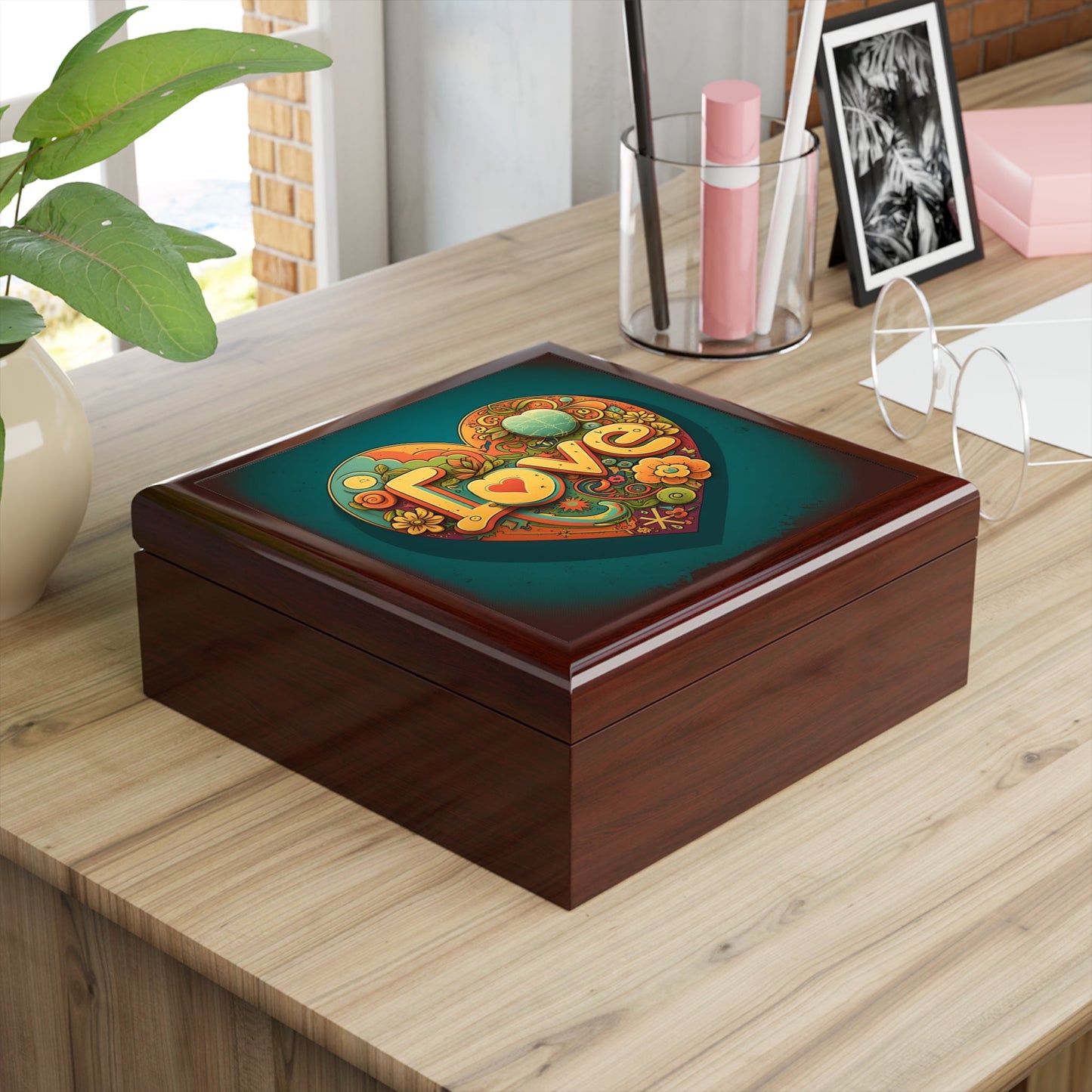 Peace and Love Wood Keepsake Jewelry Box with Ceramic Tile Cover
