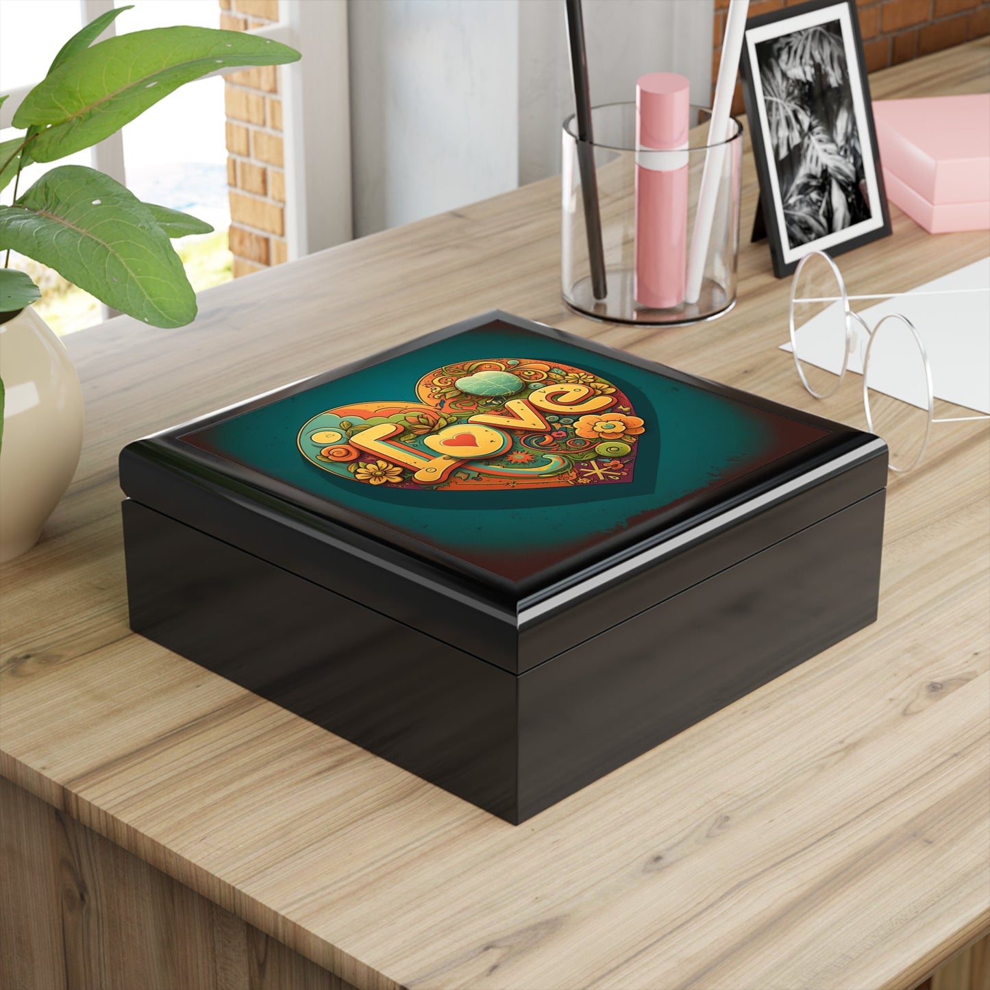 Peace and Love Wood Keepsake Jewelry Box with Ceramic Tile Cover