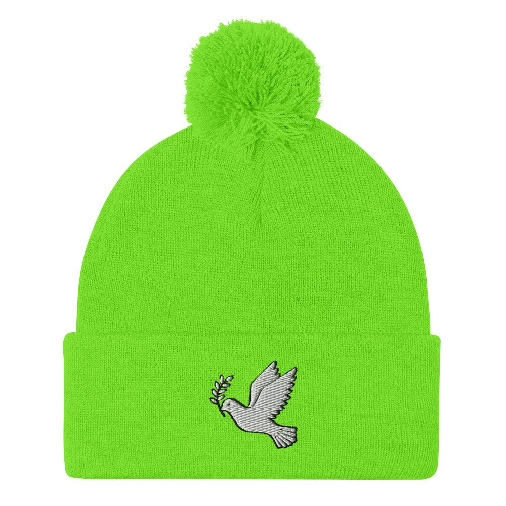 Peace Dove Embroidered Pom-Pom Beanie