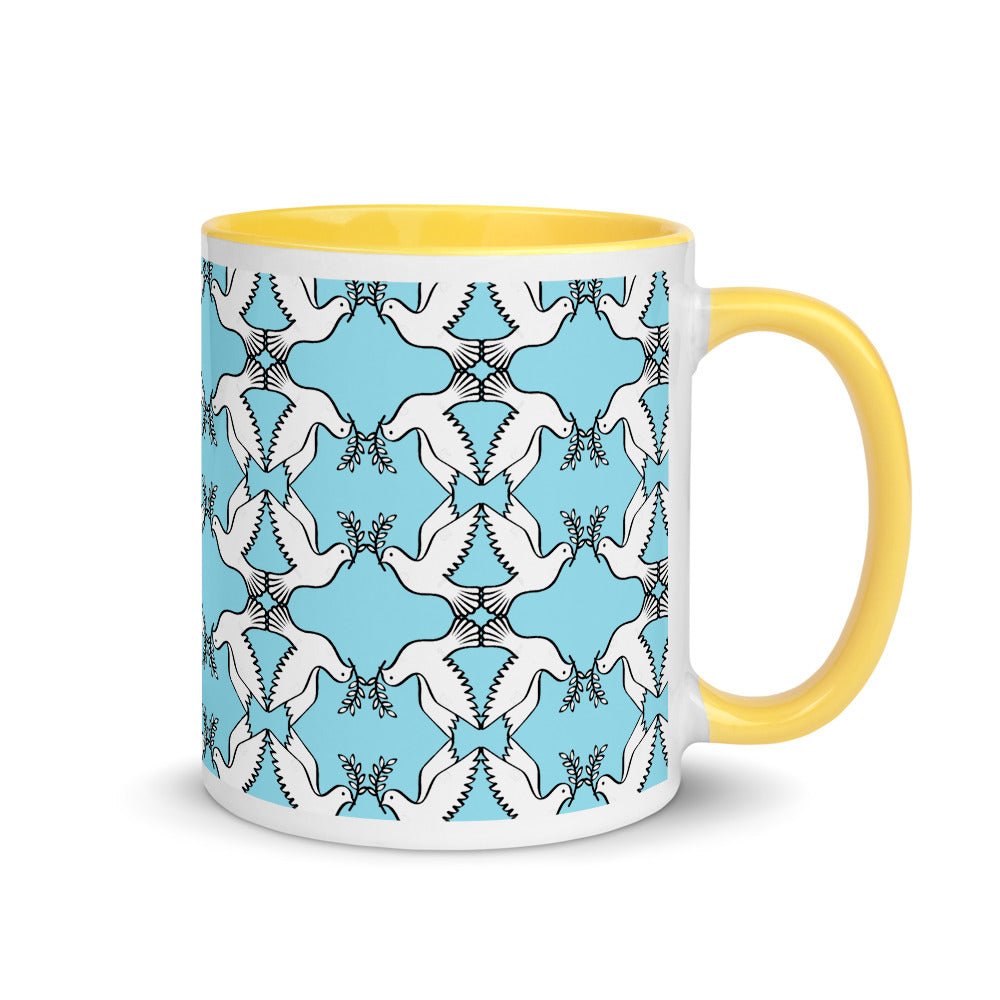 Peace Dove Pattern Mug with blue yellow red Color Inside