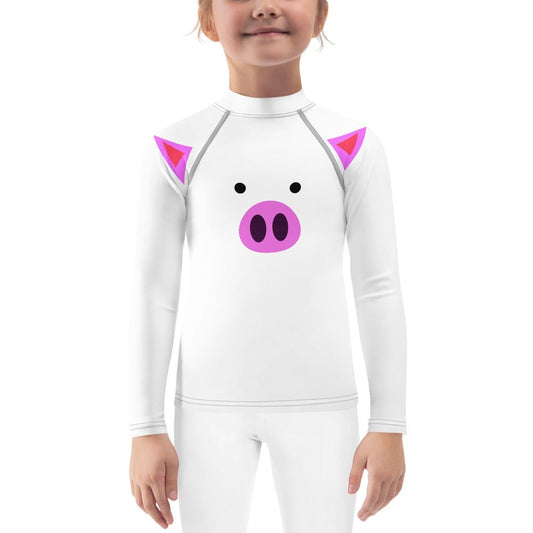 Piggy Face Kids Rash Guard Long Sleeve Tee pigs cute funny stylish adorable gymnastic ballet soccer sport sporty soft white pink happy