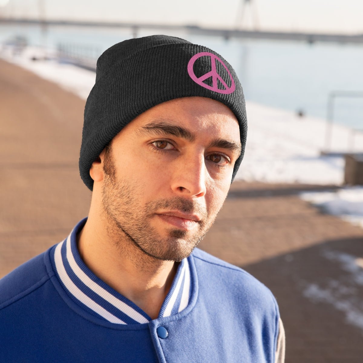Pink Peace Sign Knit Beanie