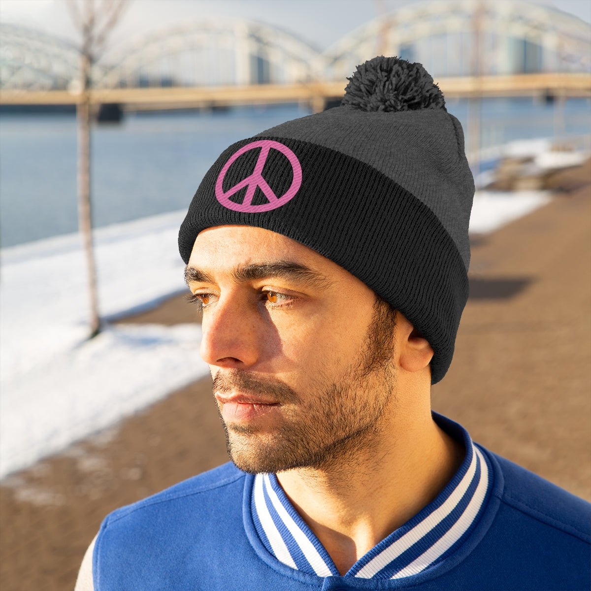 Pink Peace Sign Pom Pom Beanie