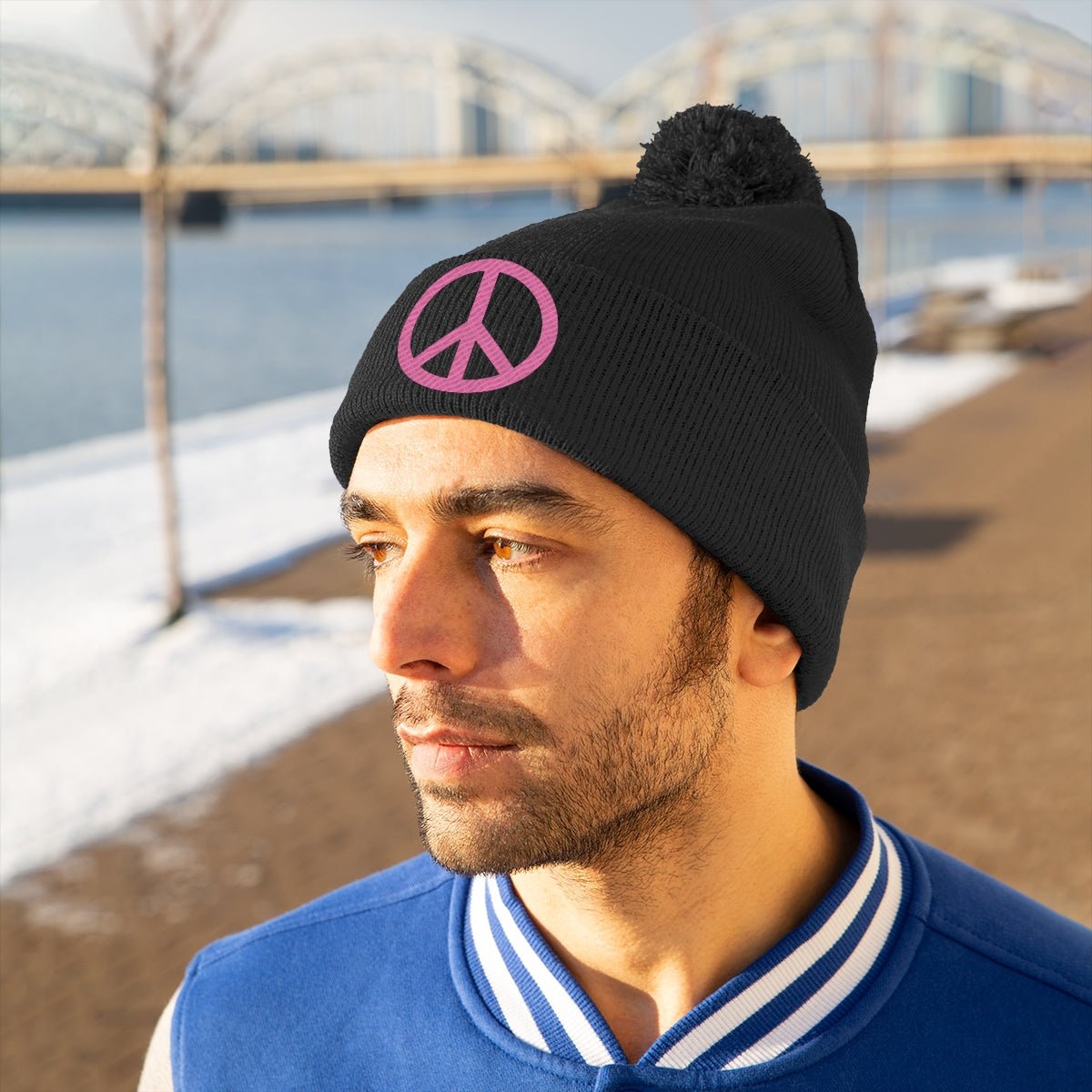 Pink Peace Sign Pom Pom Beanie