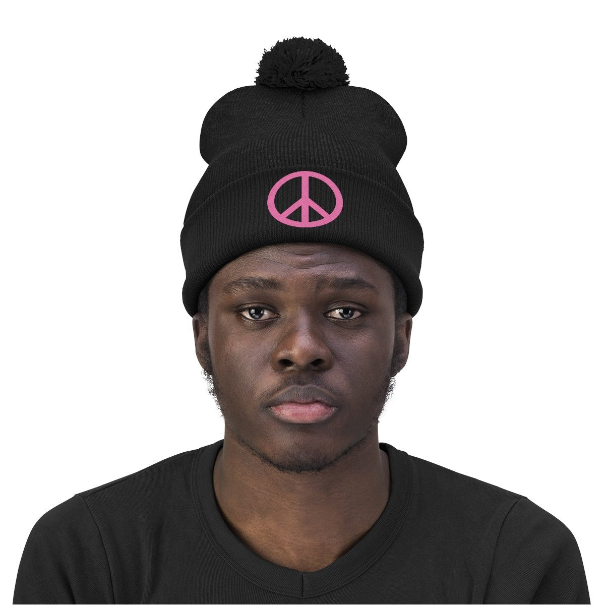 Pink Peace Sign Pom Pom Beanie