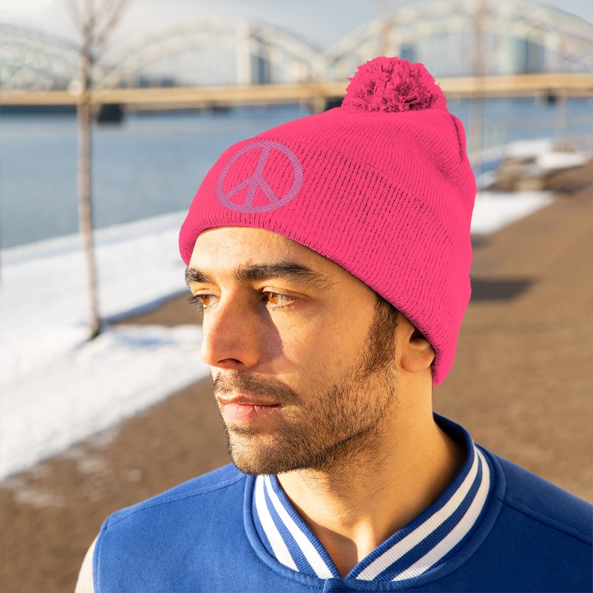 Pink Peace Sign Pom Pom Beanie