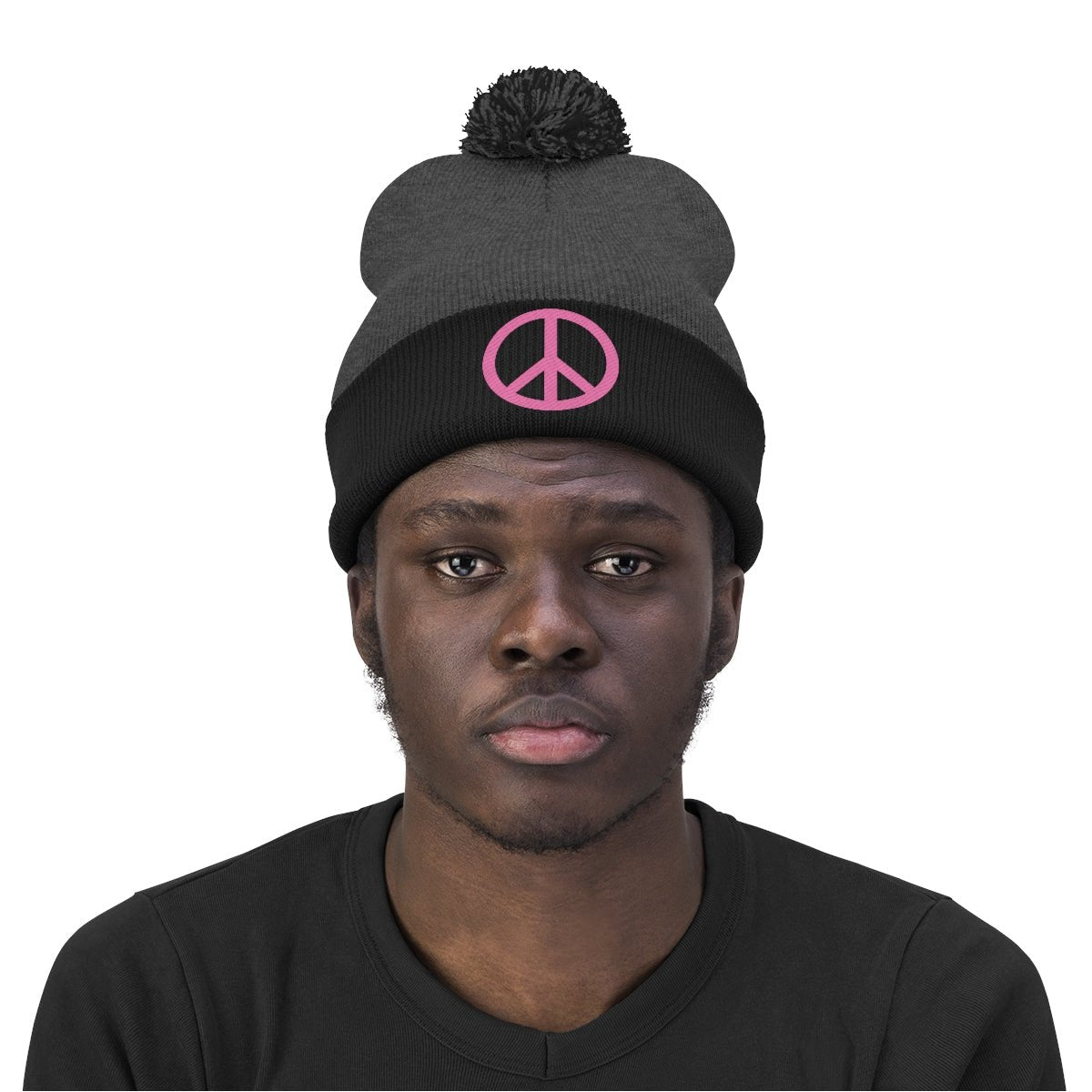 Pink Peace Sign Pom Pom Beanie