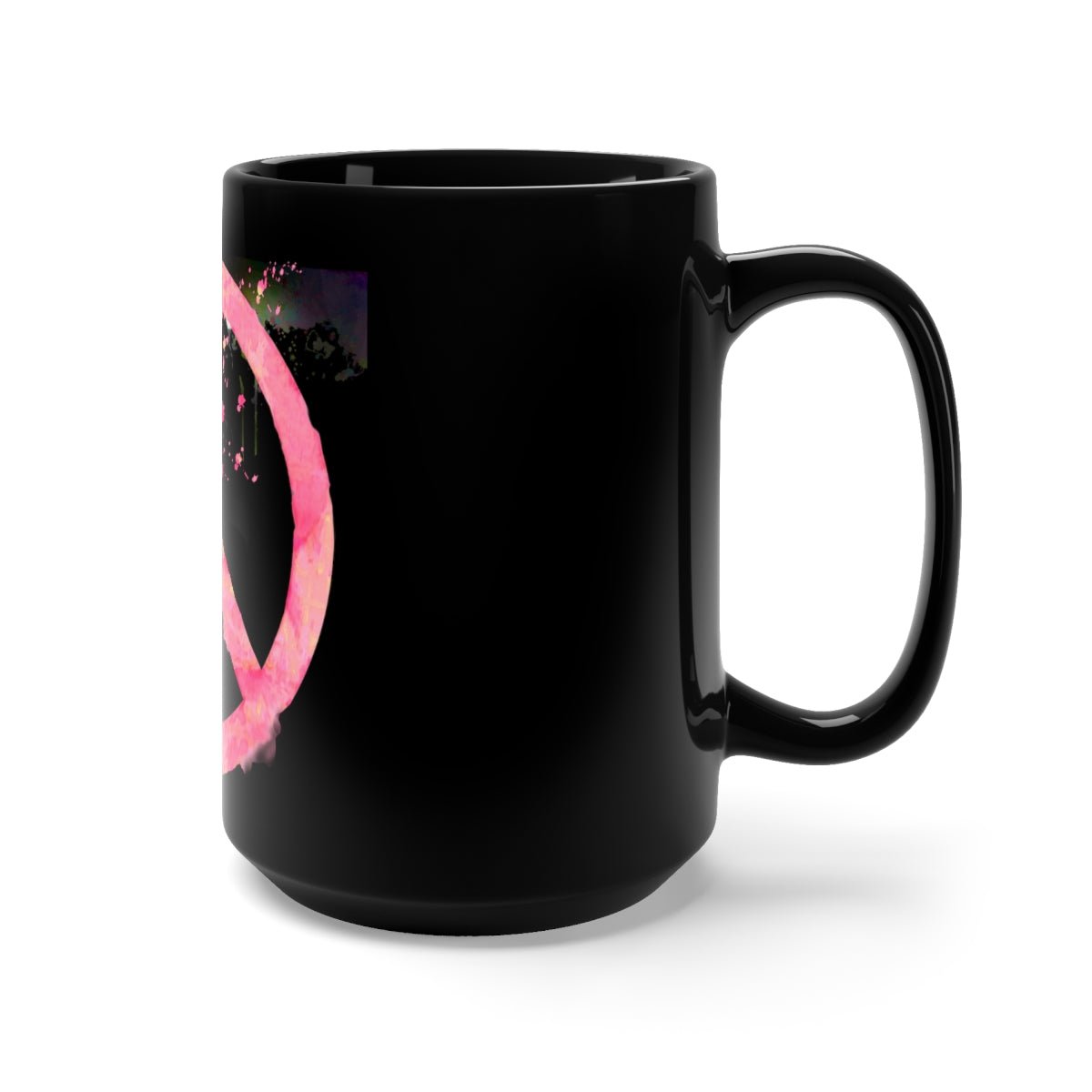 Pink Watercolor Peace Sign Black Mug 15oz