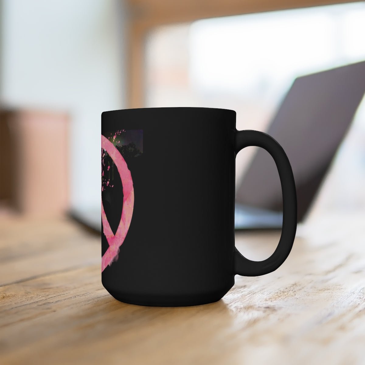Pink Watercolor Peace Sign Black Mug 15oz