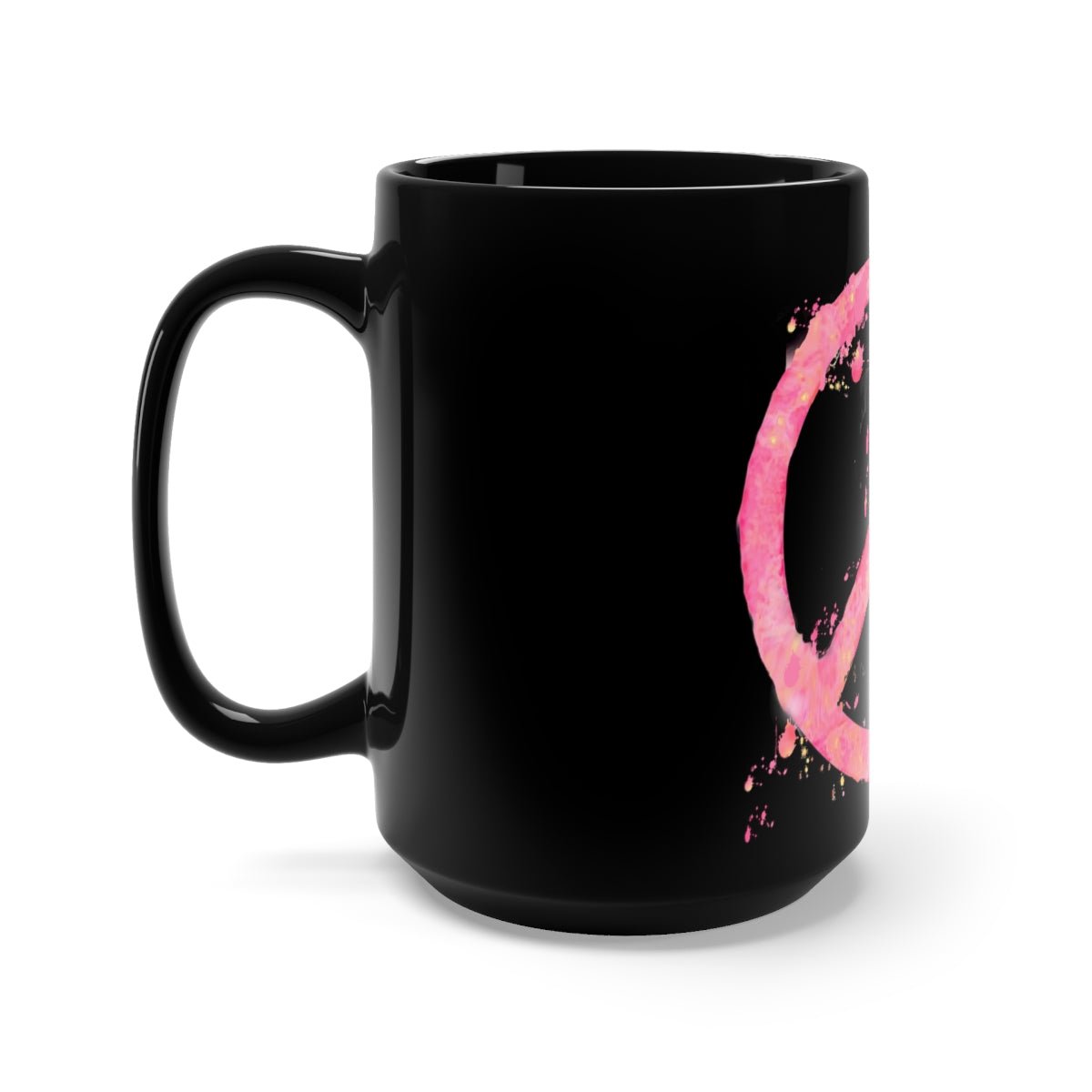 Pink Watercolor Peace Sign Black Mug 15oz