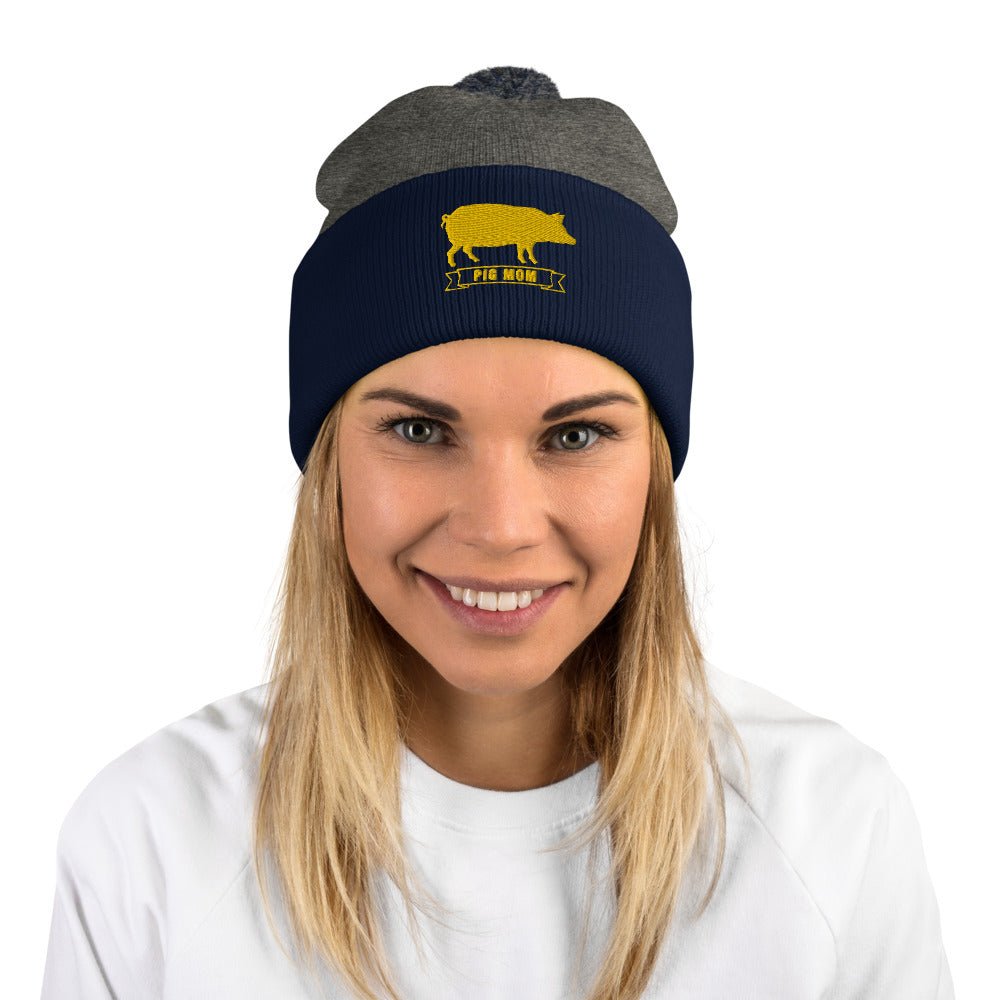 Proud Pig Mom Pom-Pom Beanie pride hog swine squeal cute sexy fun warm fashionable farming farmer hot pink neon green blue yellow black purp
