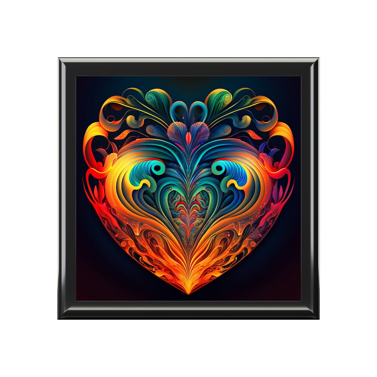 Psychedelic Heart Wood Keepsake Jewelry Box with Ceramic Tile Cover