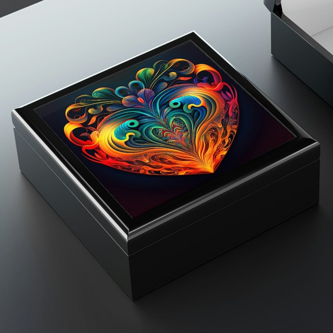 Psychedelic Heart Wood Keepsake Jewelry Box with Ceramic Tile Cover