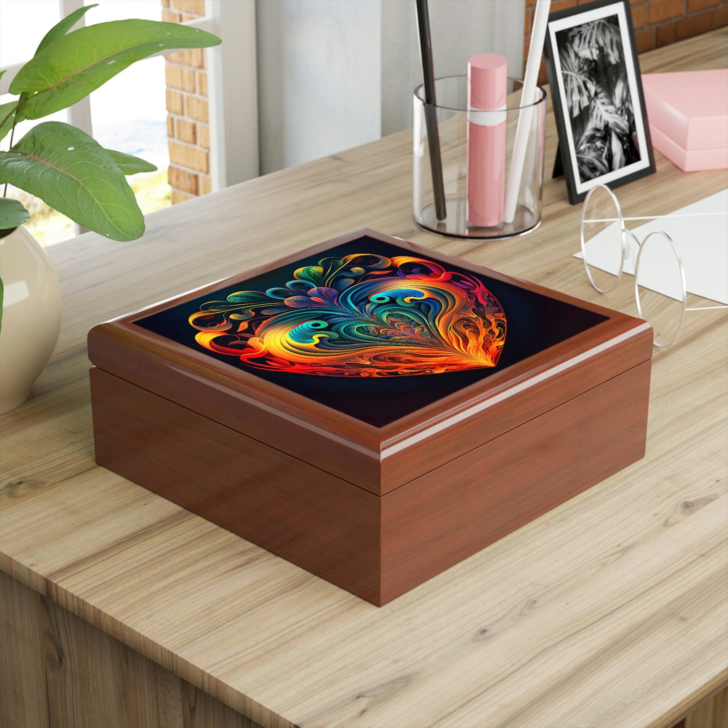 Psychedelic Heart Wood Keepsake Jewelry Box with Ceramic Tile Cover