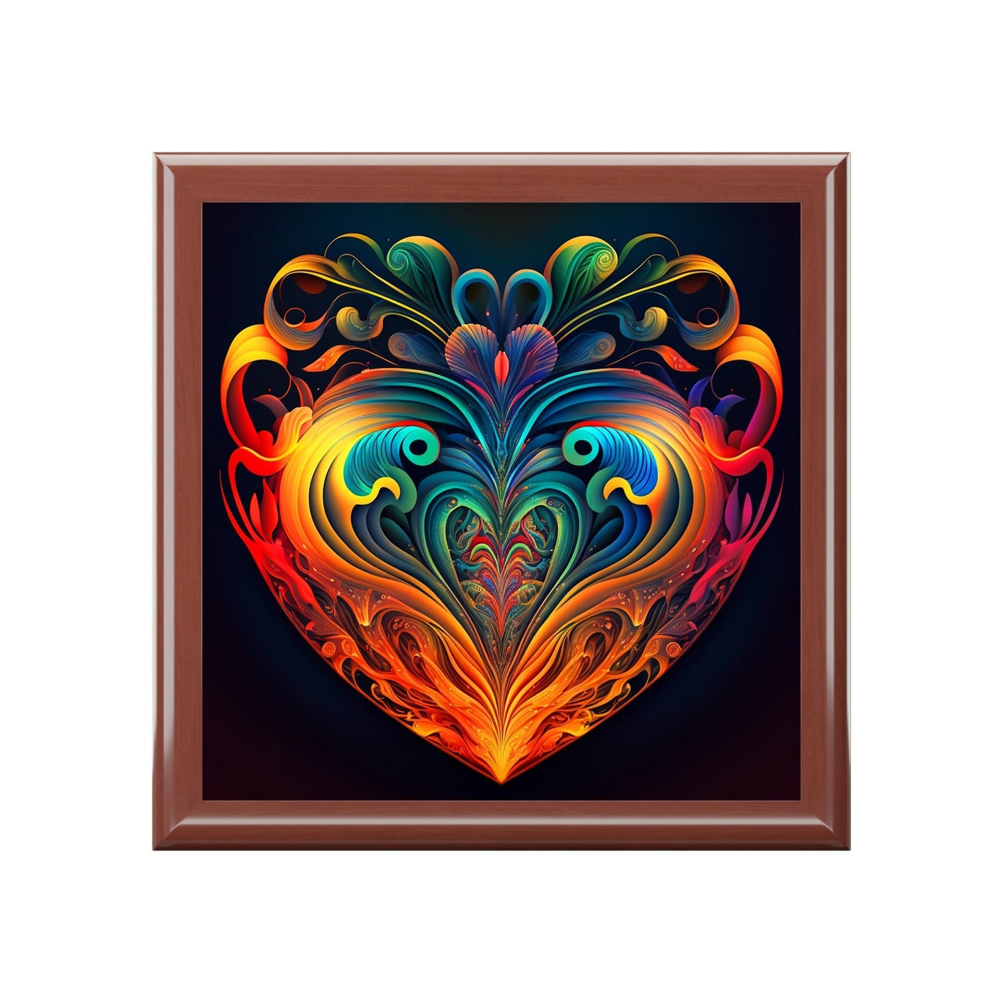 Psychedelic Heart Wood Keepsake Jewelry Box with Ceramic Tile Cover