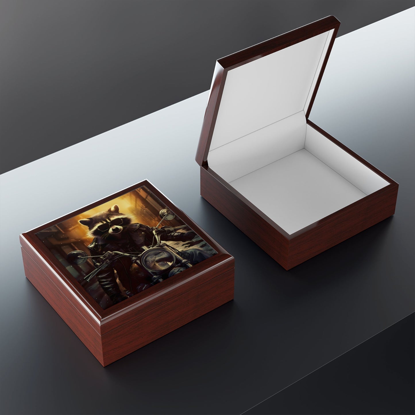 Rascal Raccoon on a Motorcycle Fine Art Print Jewelry Keepsake Trinkets Box