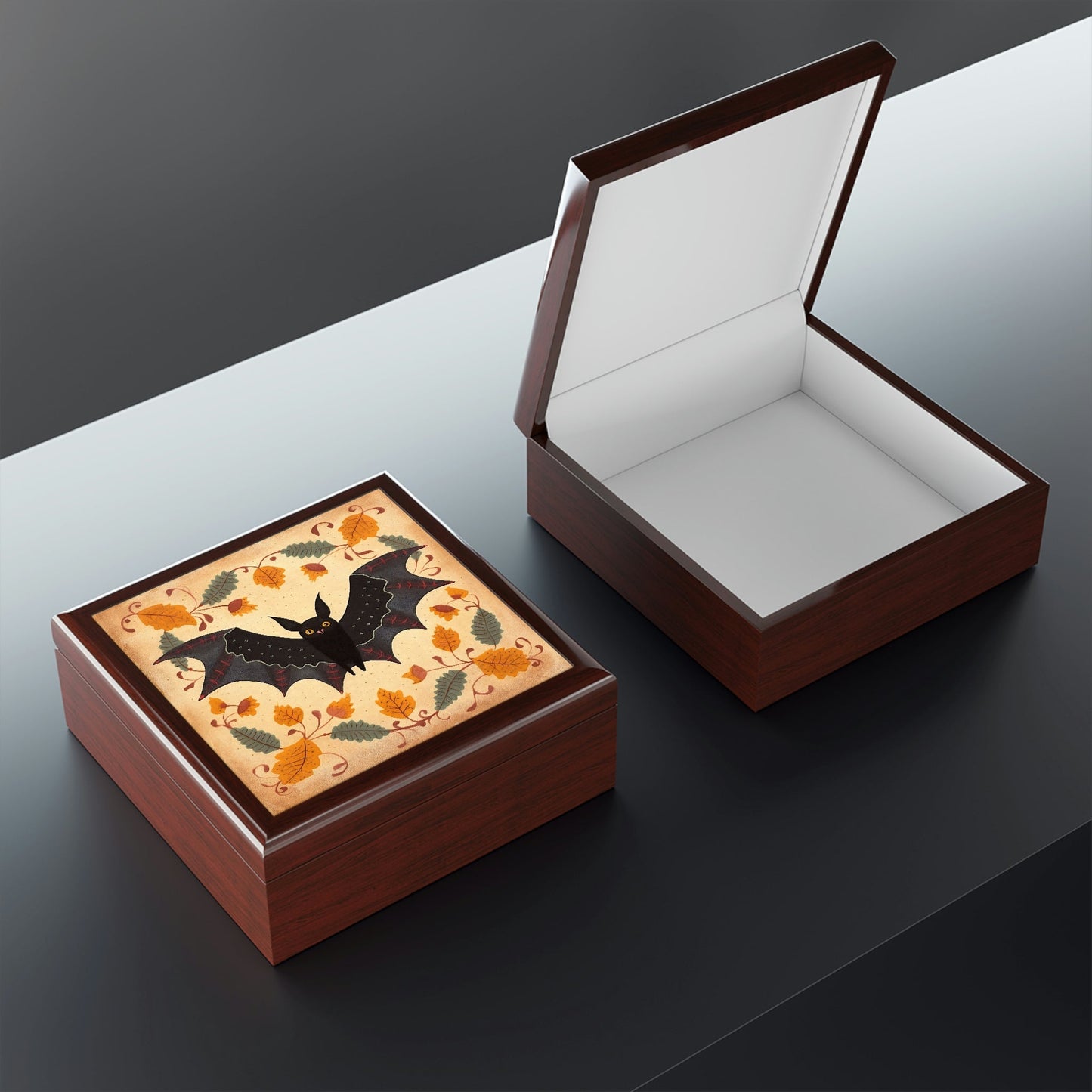 Rustic Folk Art Bat Design Wooden Keepsake Jewelry Box