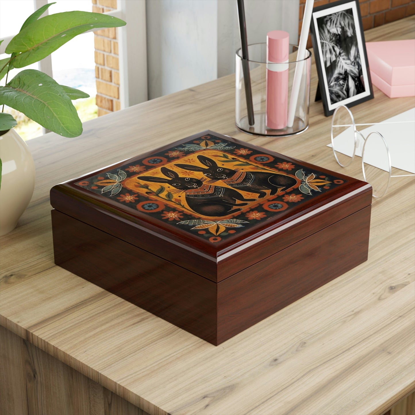 Rustic Folk Art Bunny Couple Design Wooden Keepsake Jewelry Box