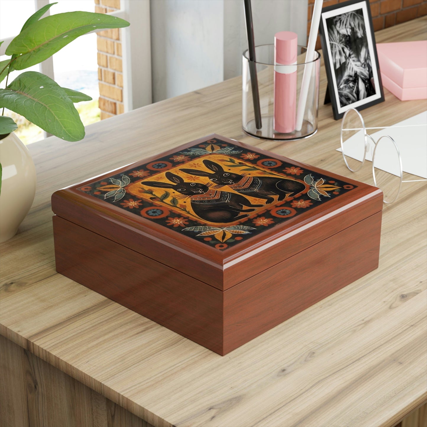 Rustic Folk Art Bunny Couple Design Wooden Keepsake Jewelry Box