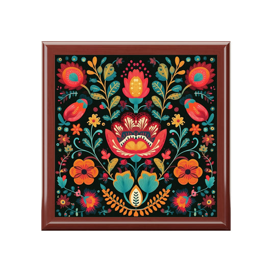 Rustic Folk Art Floral Design Wooden Keepsake Jewelry Box