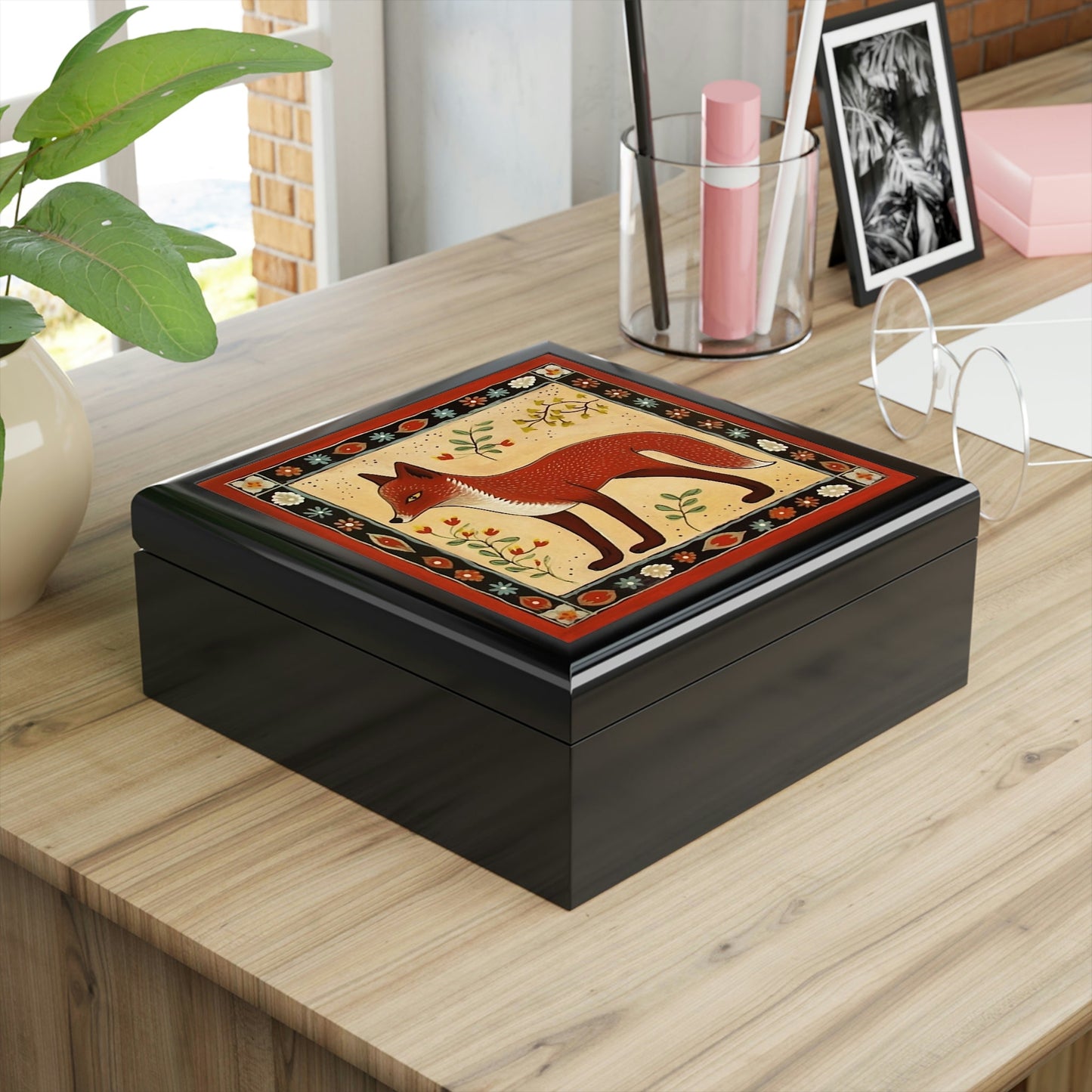 Rustic Folk Art Fox Design Wooden Keepsake Jewelry Box