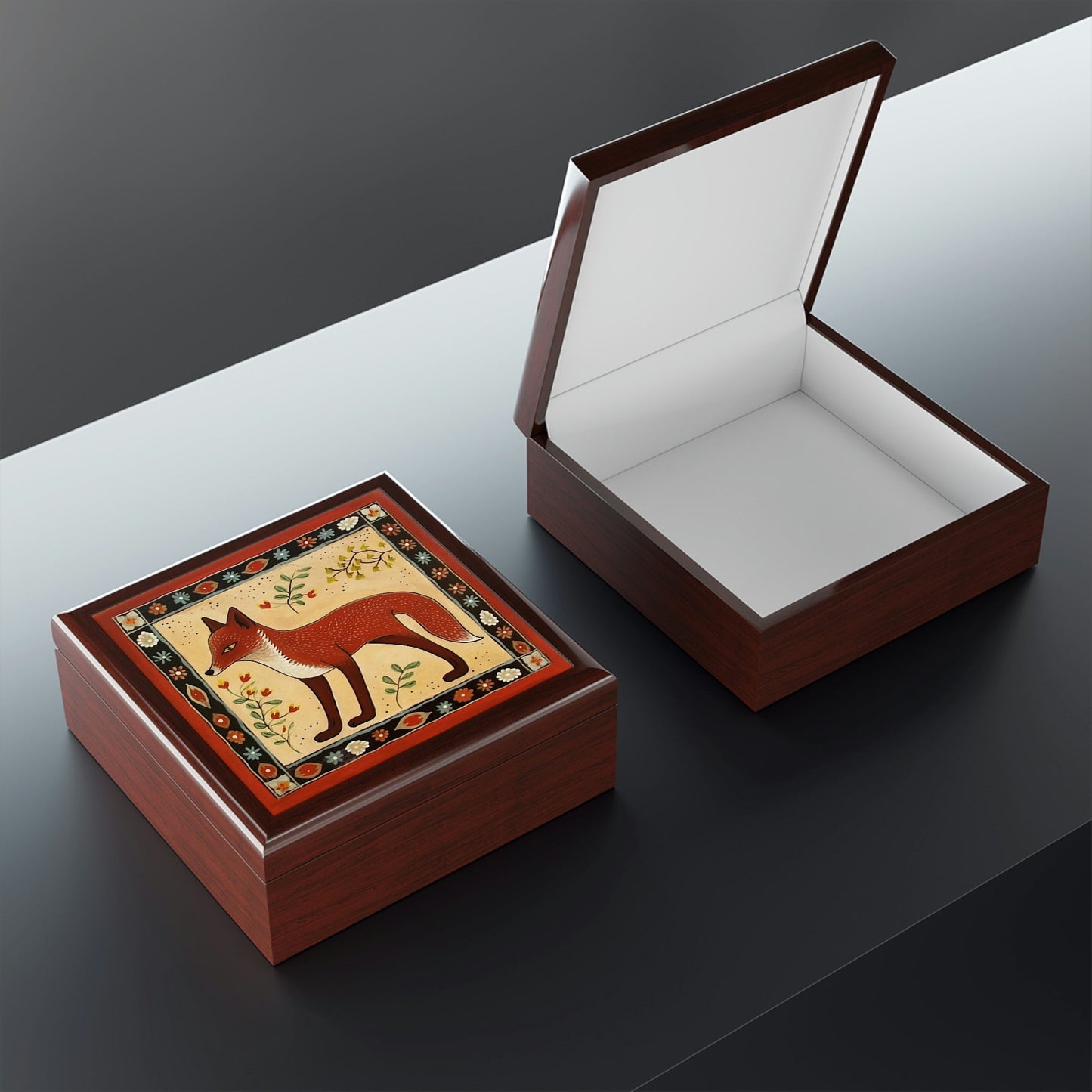 Rustic Folk Art Fox Design Wooden Keepsake Jewelry Box