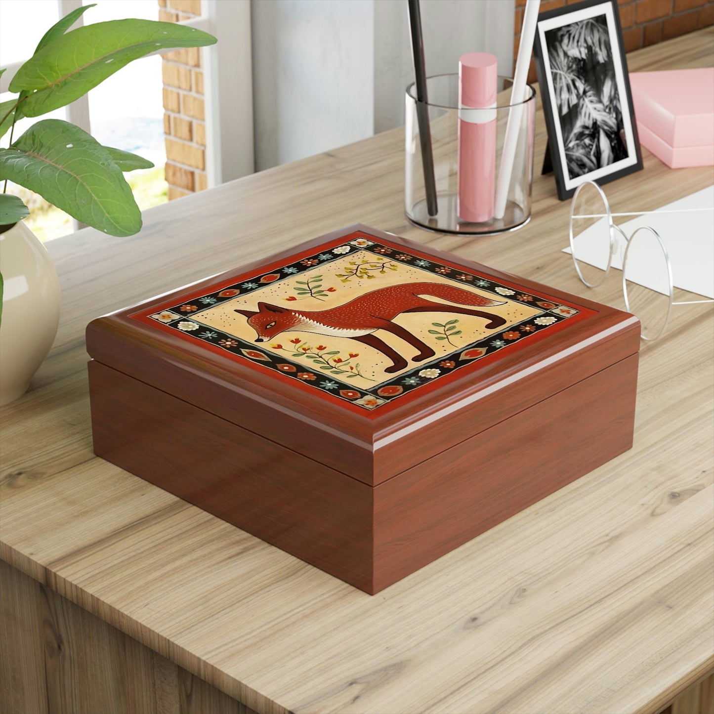 Rustic Folk Art Fox Design Wooden Keepsake Jewelry Box