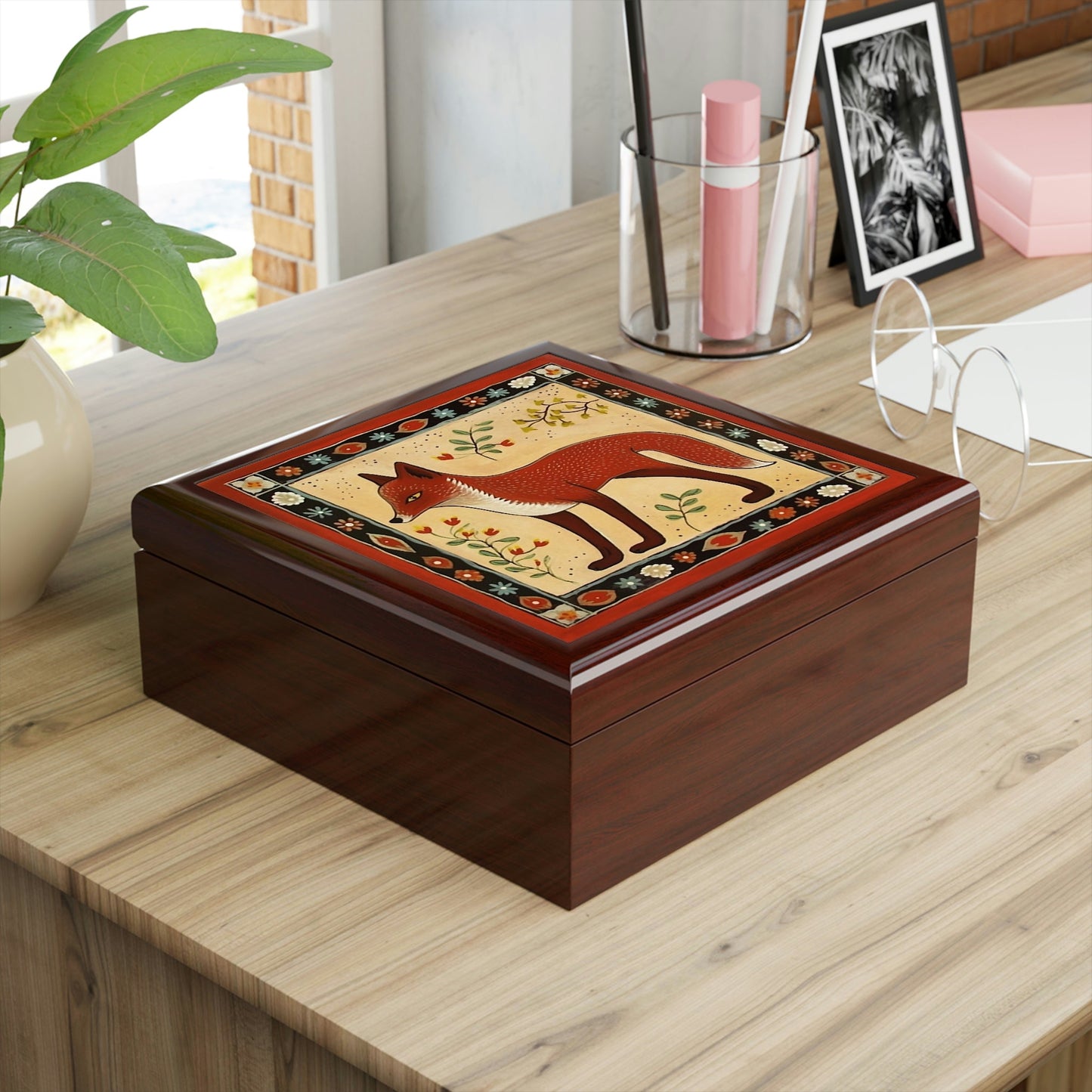 Rustic Folk Art Fox Design Wooden Keepsake Jewelry Box