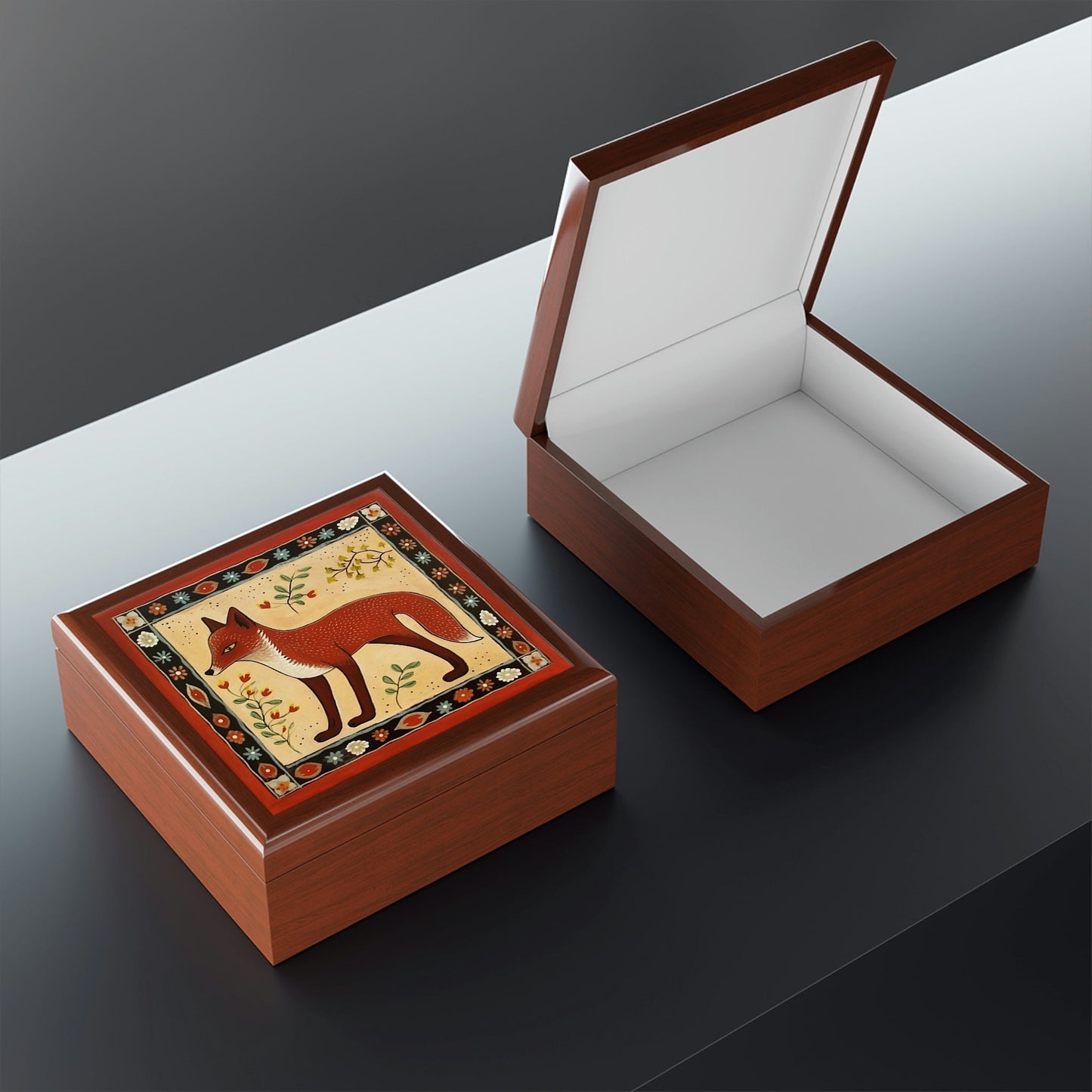 Rustic Folk Art Fox Design Wooden Keepsake Jewelry Box