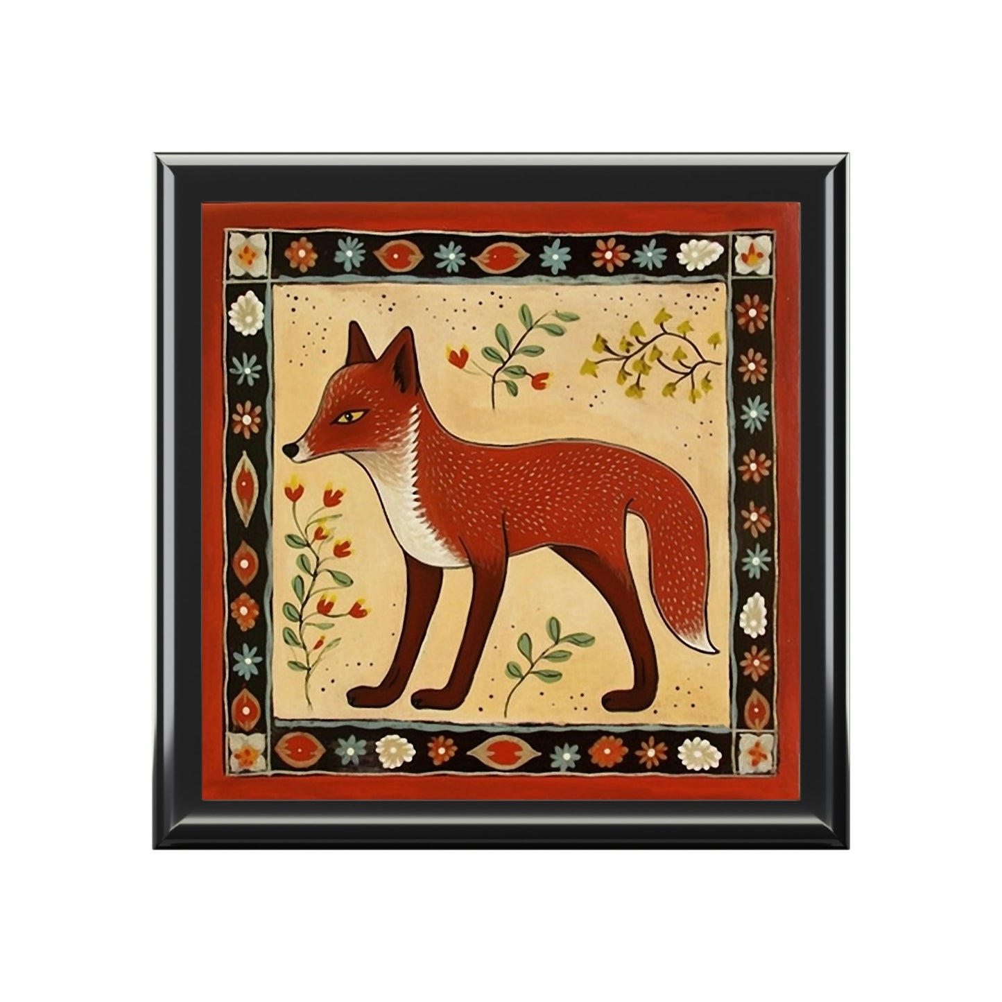 Rustic Folk Art Fox Design Wooden Keepsake Jewelry Box