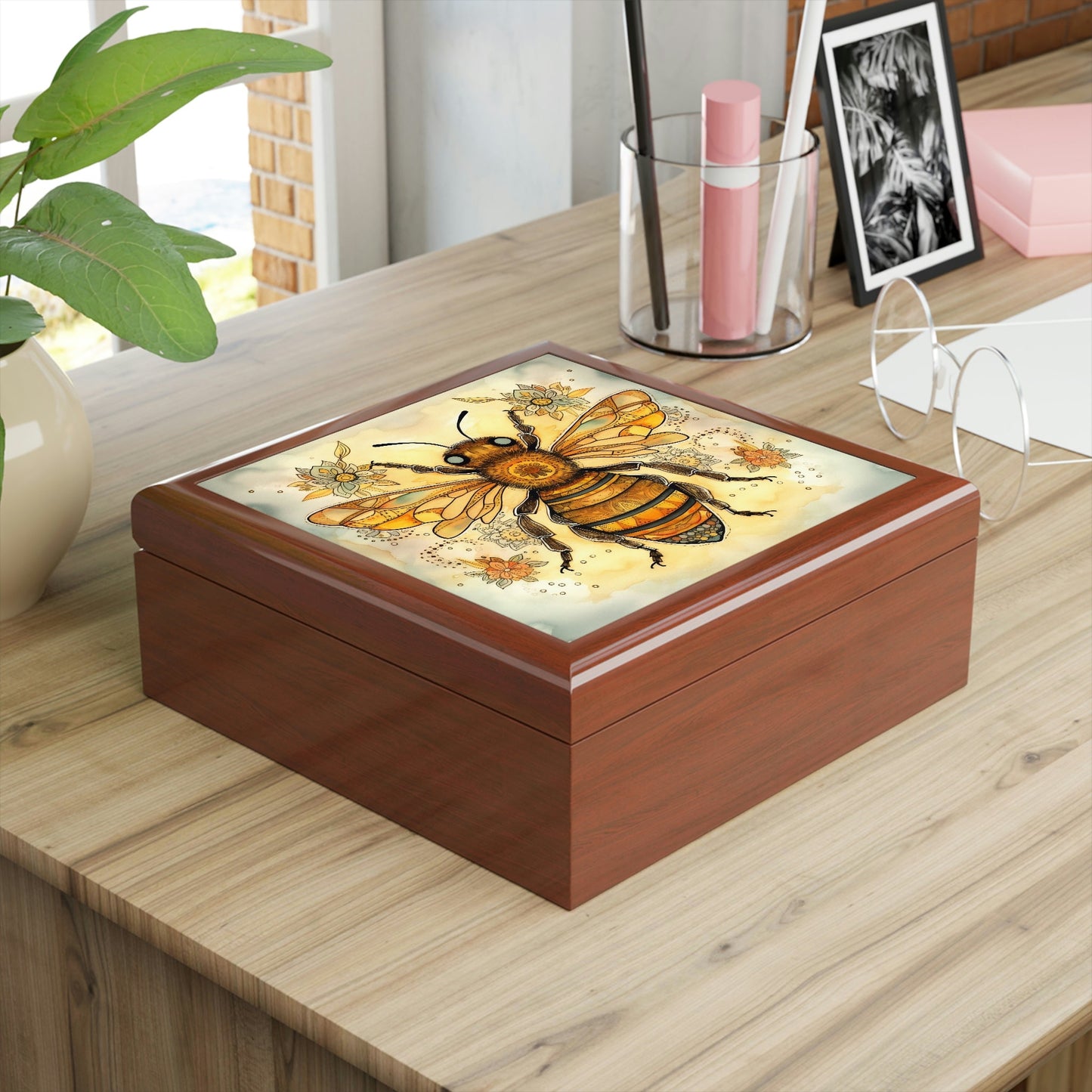 Rustic Folk Art Honey Bee Design Wooden Keepsake Jewelry Box