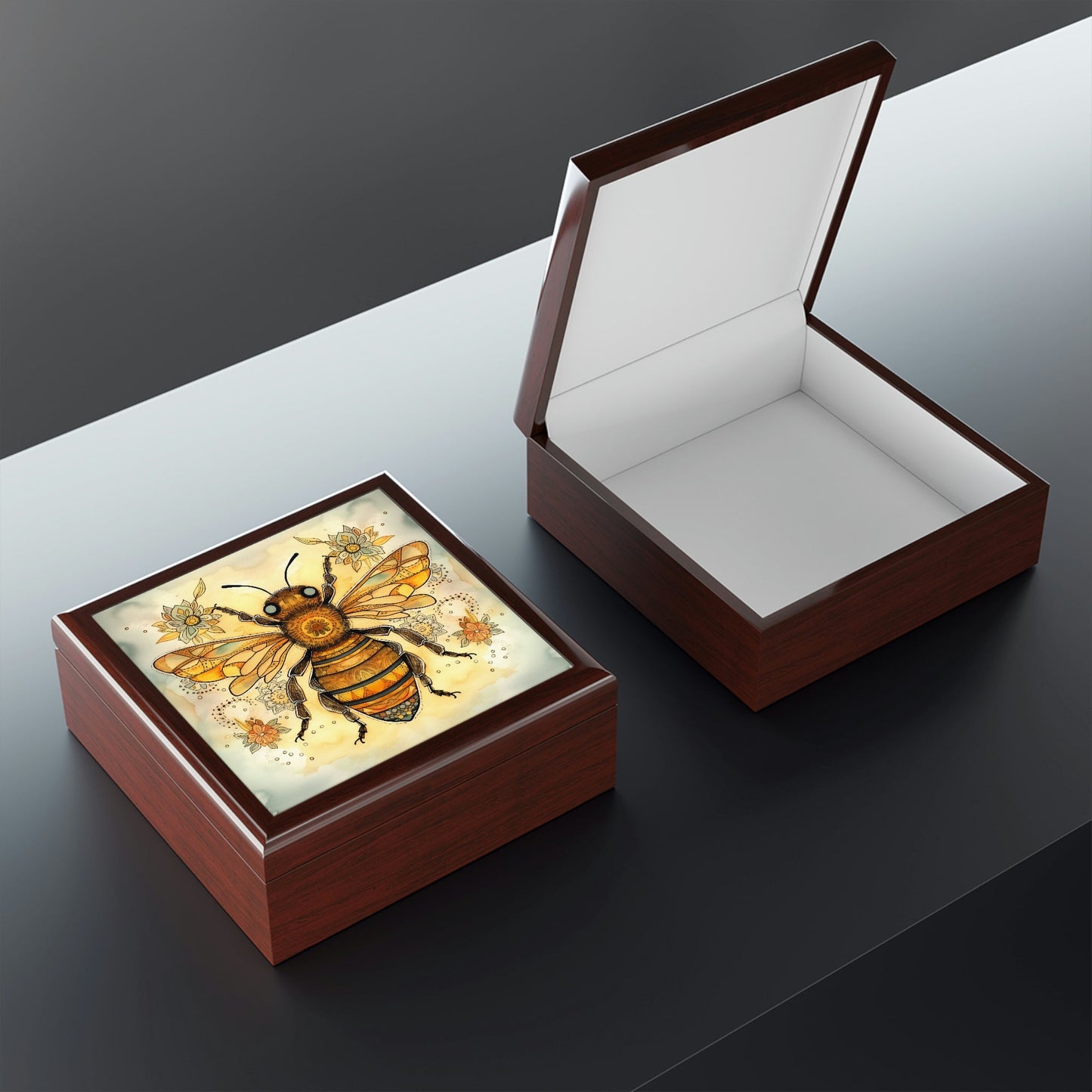 Rustic Folk Art Honey Bee Design Wooden Keepsake Jewelry Box