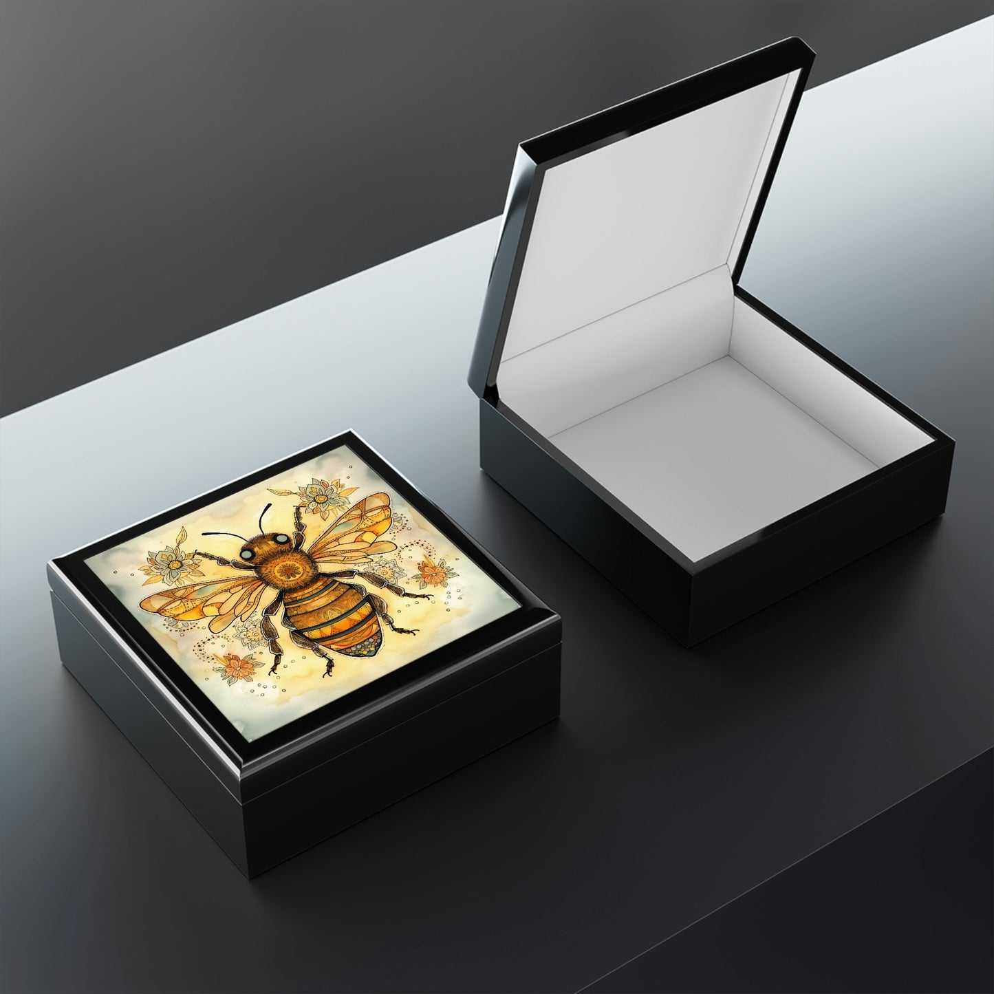 Rustic Folk Art Honey Bee Design Wooden Keepsake Jewelry Box