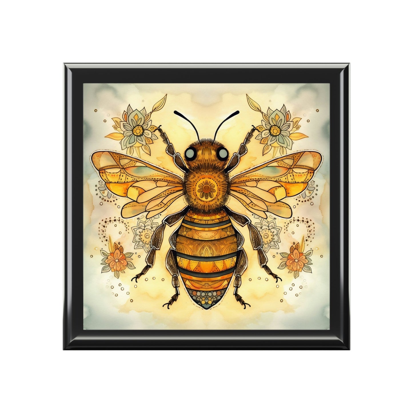 Rustic Folk Art Honey Bee Design Wooden Keepsake Jewelry Box