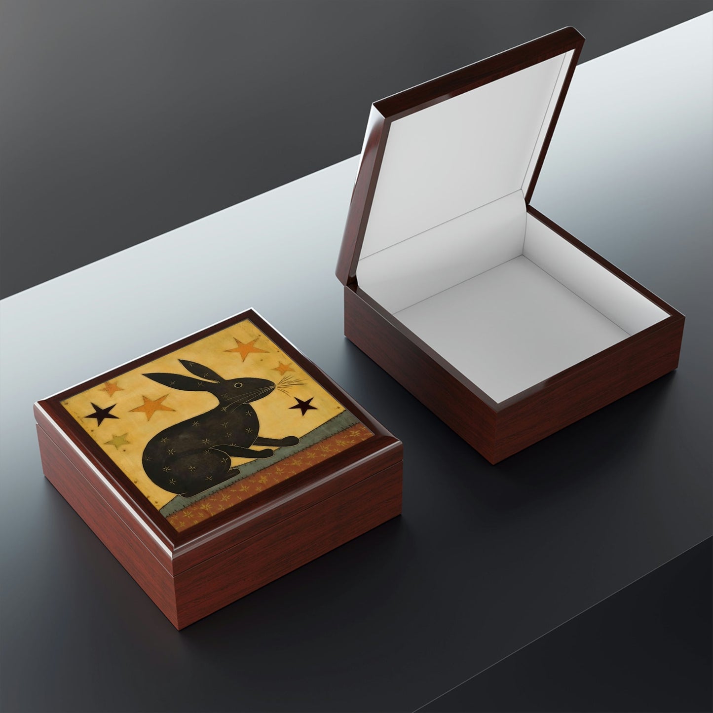 Rustic Folk Art Rabbit Design Wooden Keepsake Jewelry Box