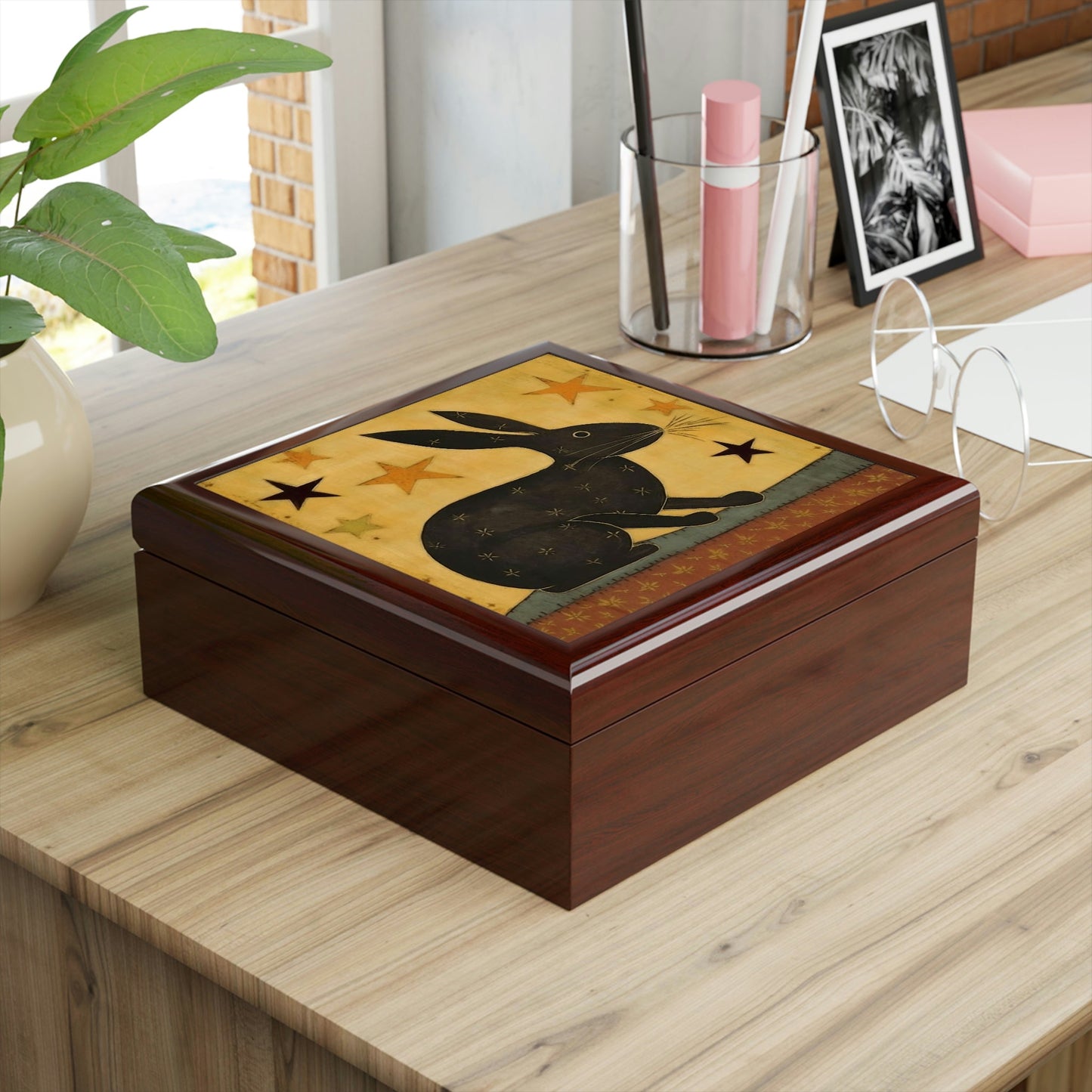 Rustic Folk Art Rabbit Design Wooden Keepsake Jewelry Box