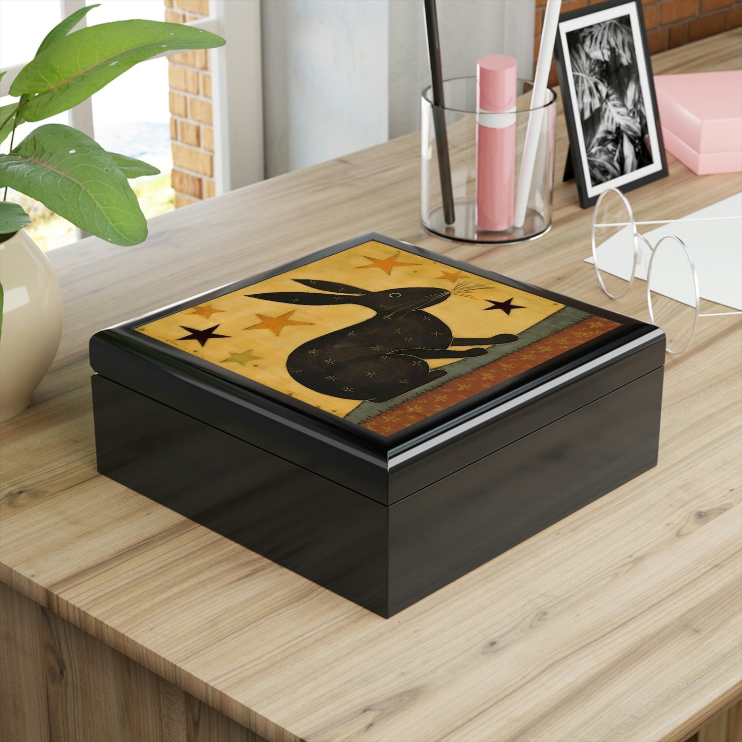 Rustic Folk Art Rabbit Design Wooden Keepsake Jewelry Box
