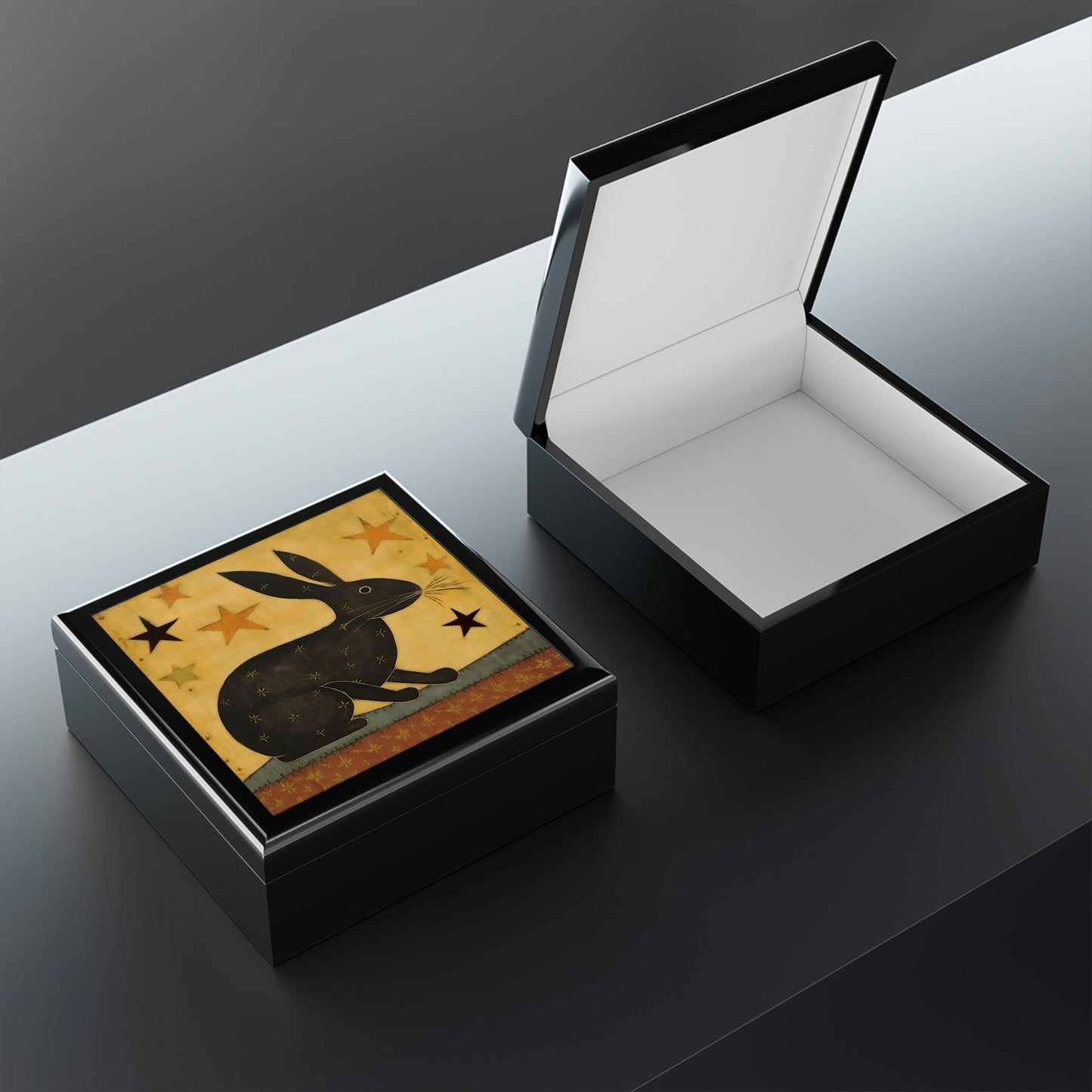 Rustic Folk Art Rabbit Design Wooden Keepsake Jewelry Box
