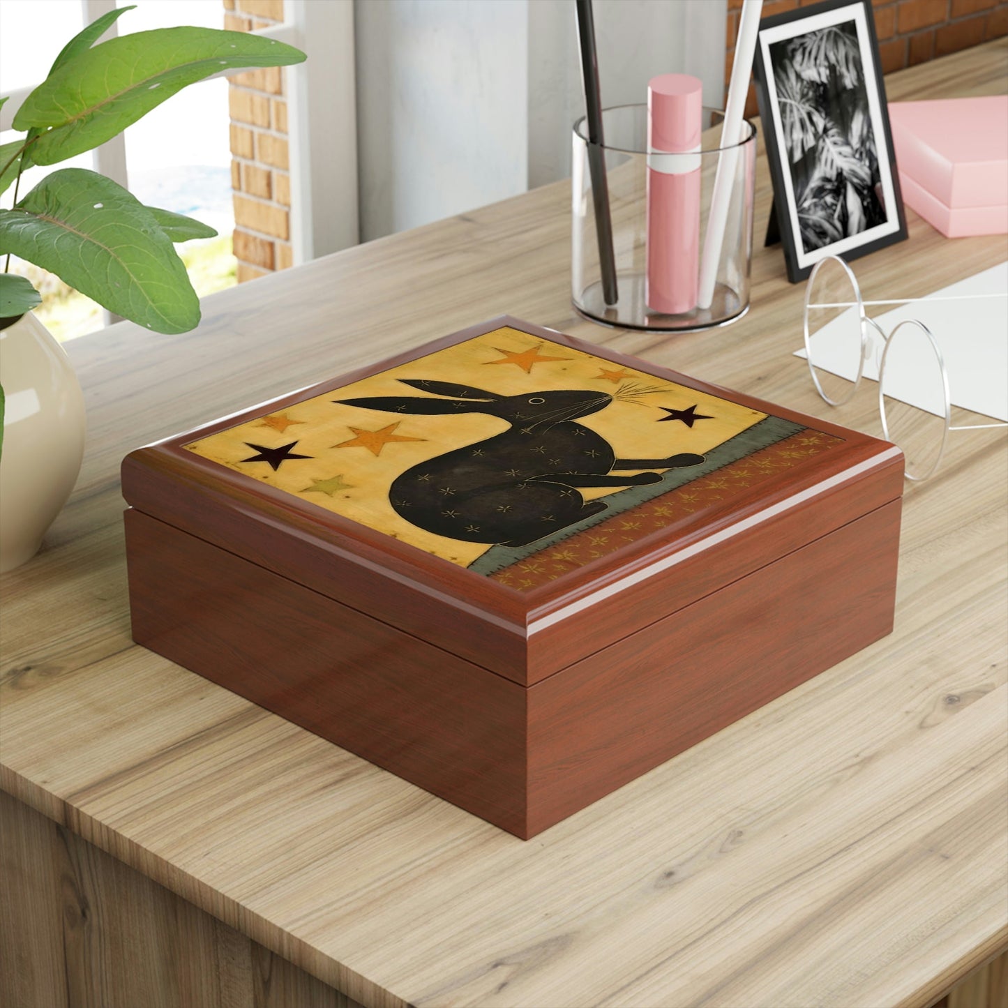 Rustic Folk Art Rabbit Design Wooden Keepsake Jewelry Box