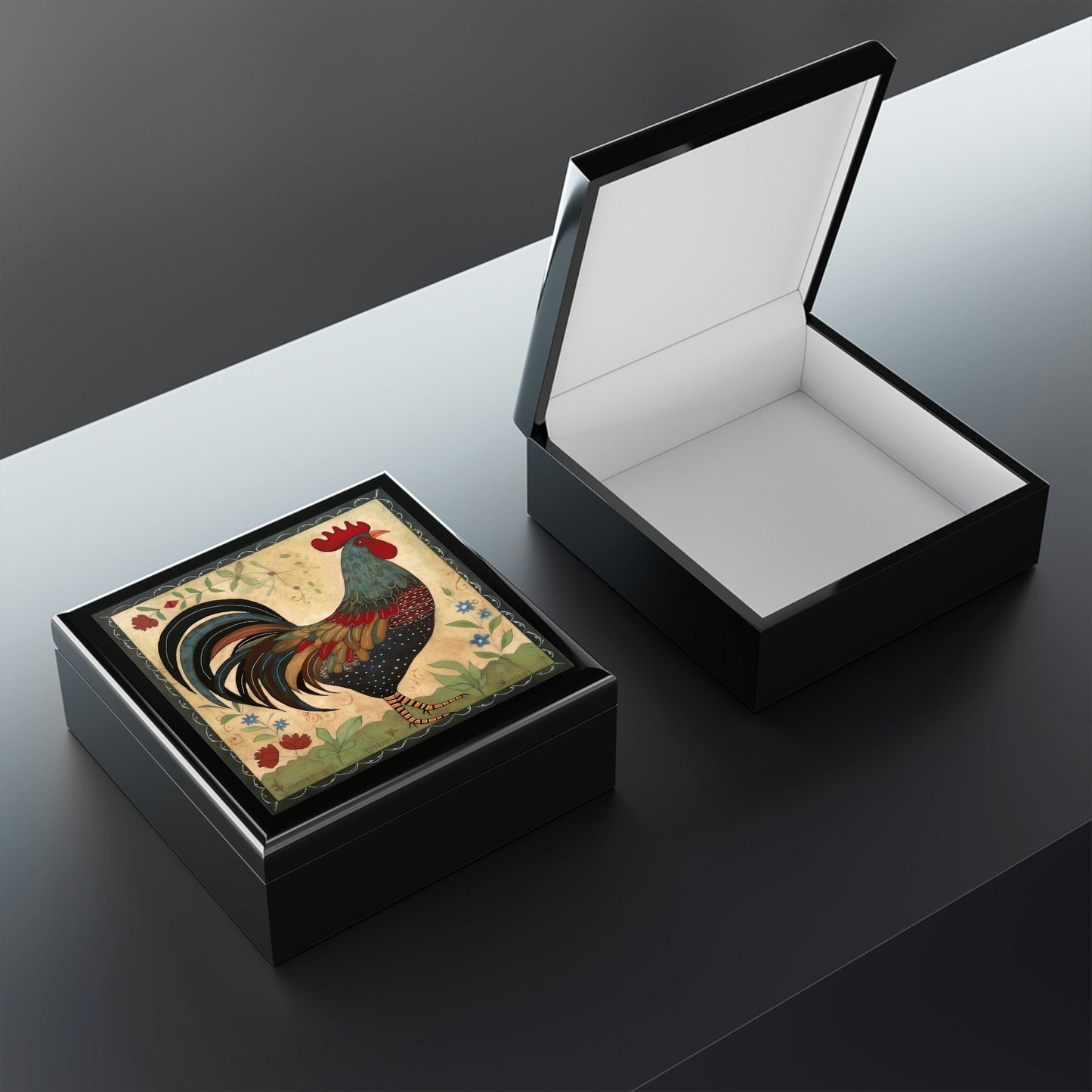 Rustic Folk Art Rooster Design Wooden Keepsake Jewelry Box