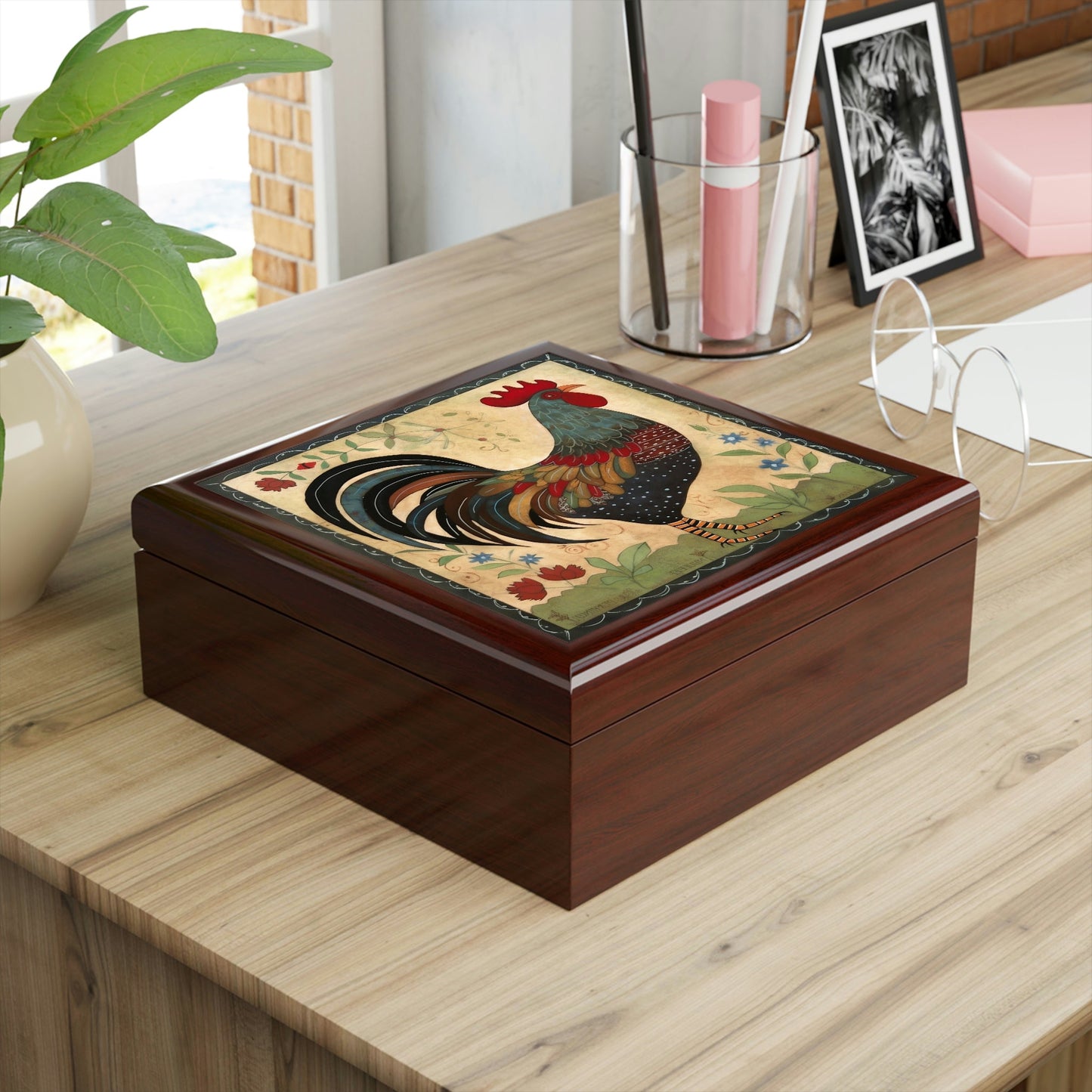 Rustic Folk Art Rooster Design Wooden Keepsake Jewelry Box
